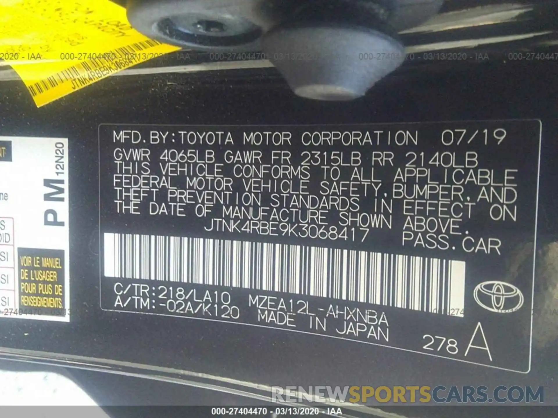 9 Photograph of a damaged car JTNK4RBE9K3068417 TOYOTA COROLLA 2019