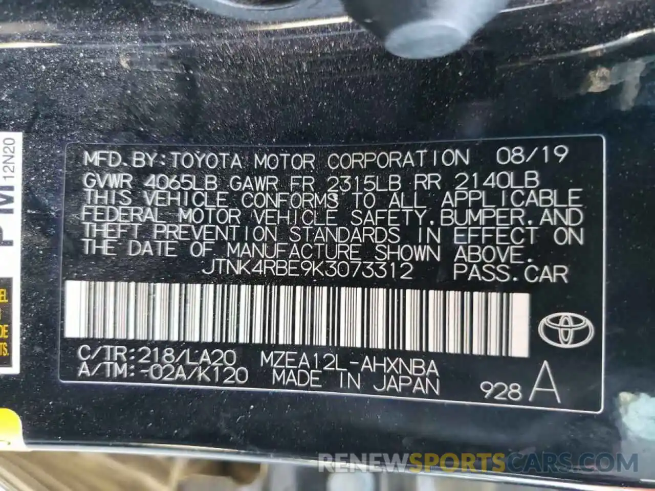 10 Photograph of a damaged car JTNK4RBE9K3073312 TOYOTA COROLLA 2019