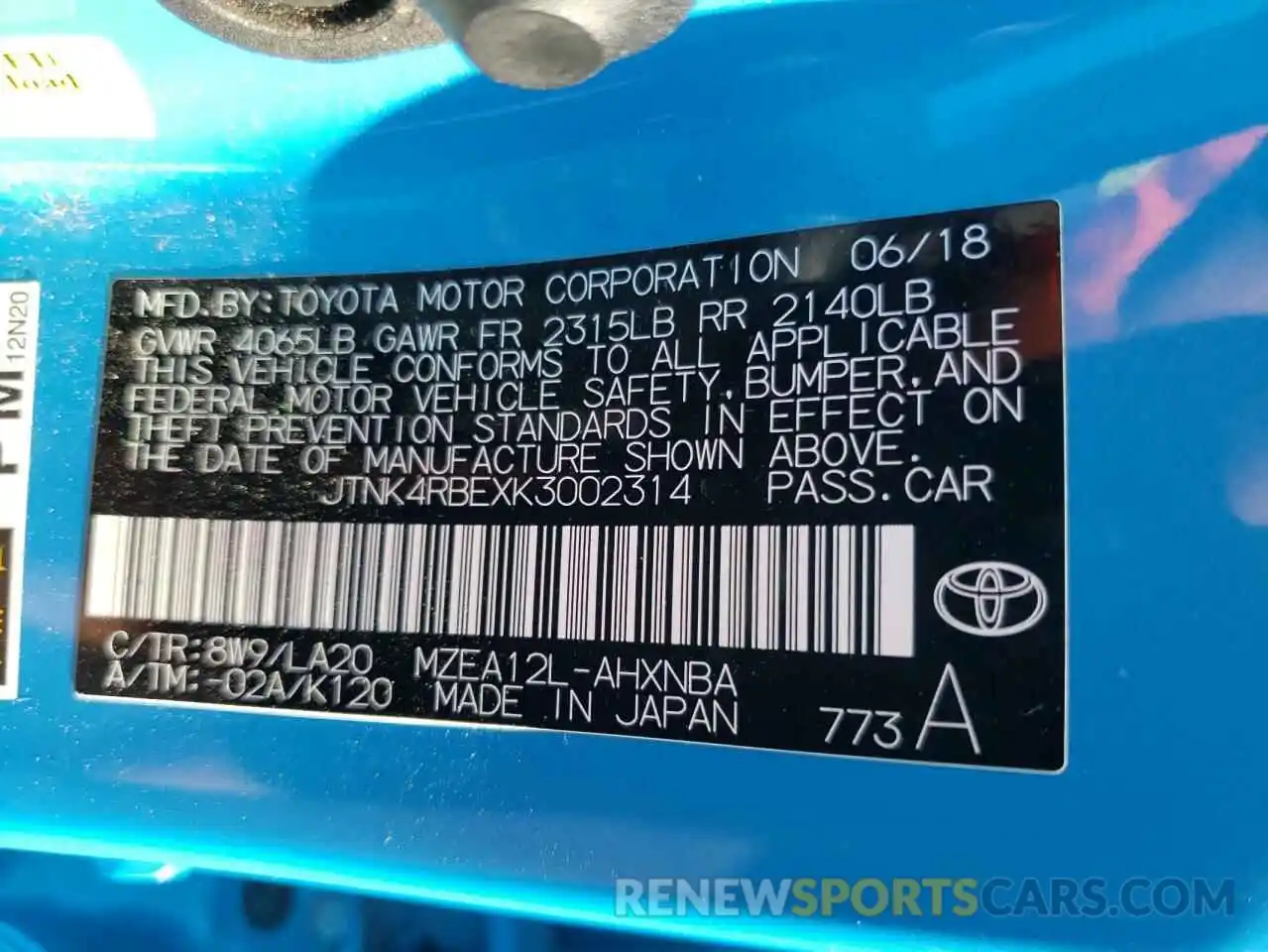 10 Photograph of a damaged car JTNK4RBEXK3002314 TOYOTA COROLLA 2019