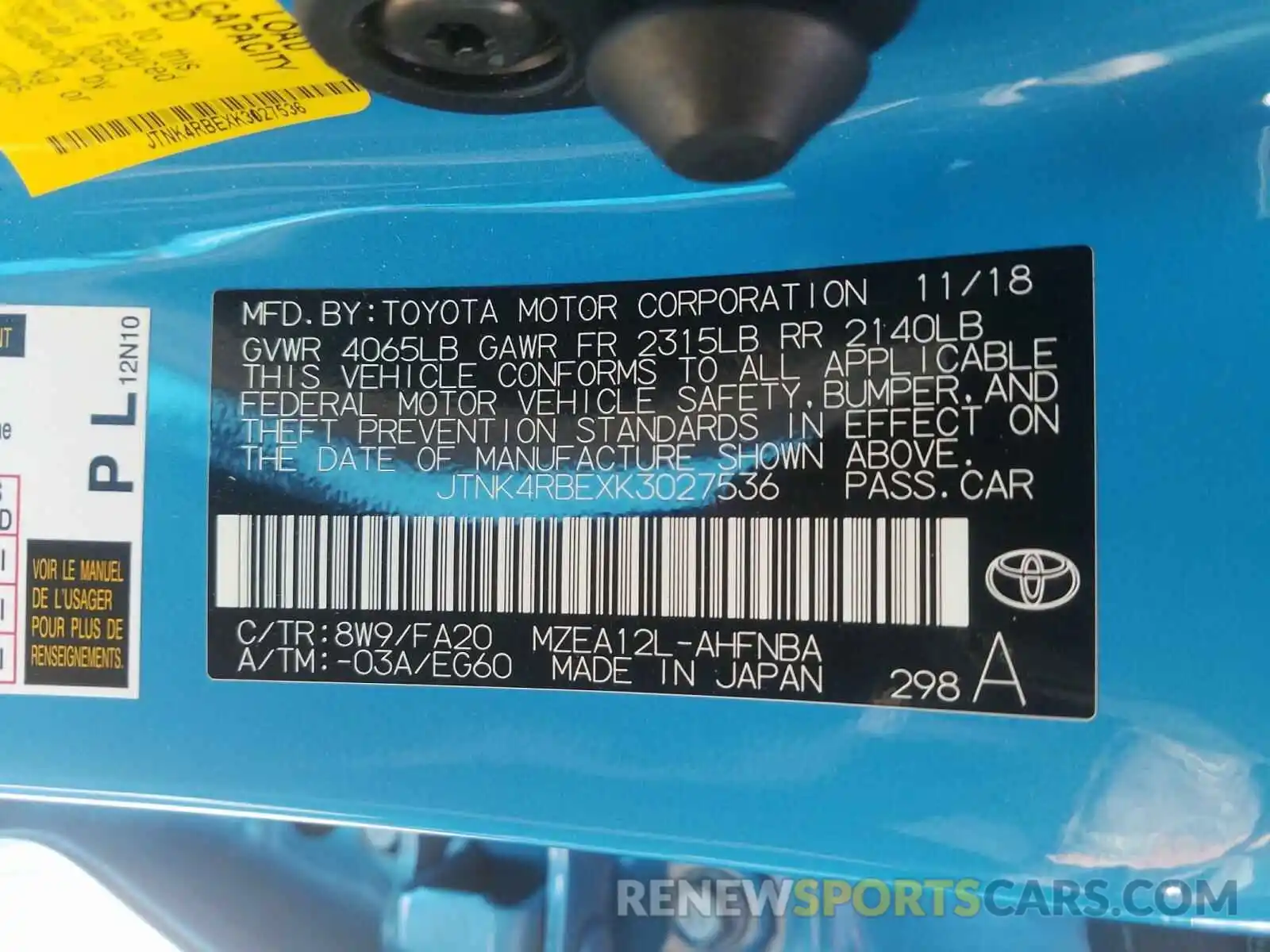 10 Photograph of a damaged car JTNK4RBEXK3027536 TOYOTA COROLLA 2019