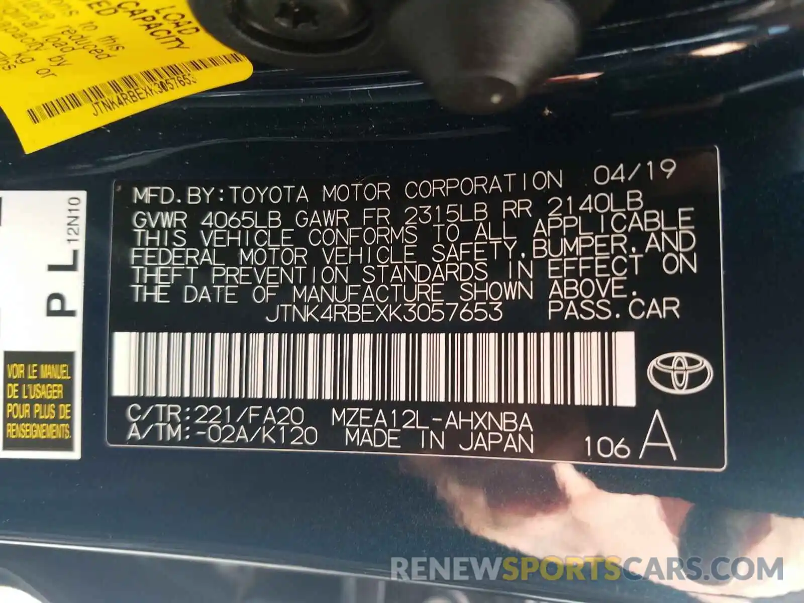 10 Photograph of a damaged car JTNK4RBEXK3057653 TOYOTA COROLLA 2019