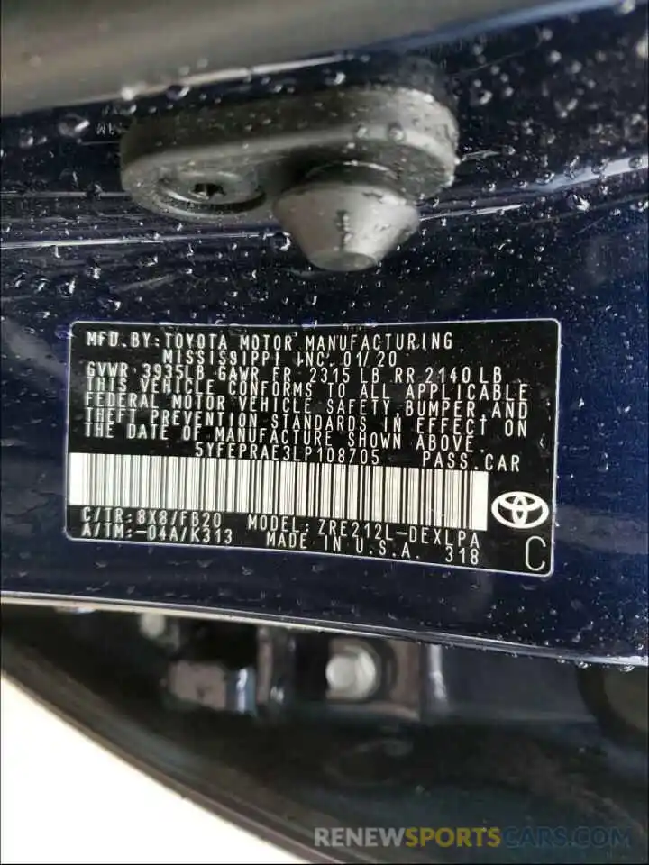 10 Photograph of a damaged car 5YFEPRAE3LP108705 TOYOTA COROLLA 2020