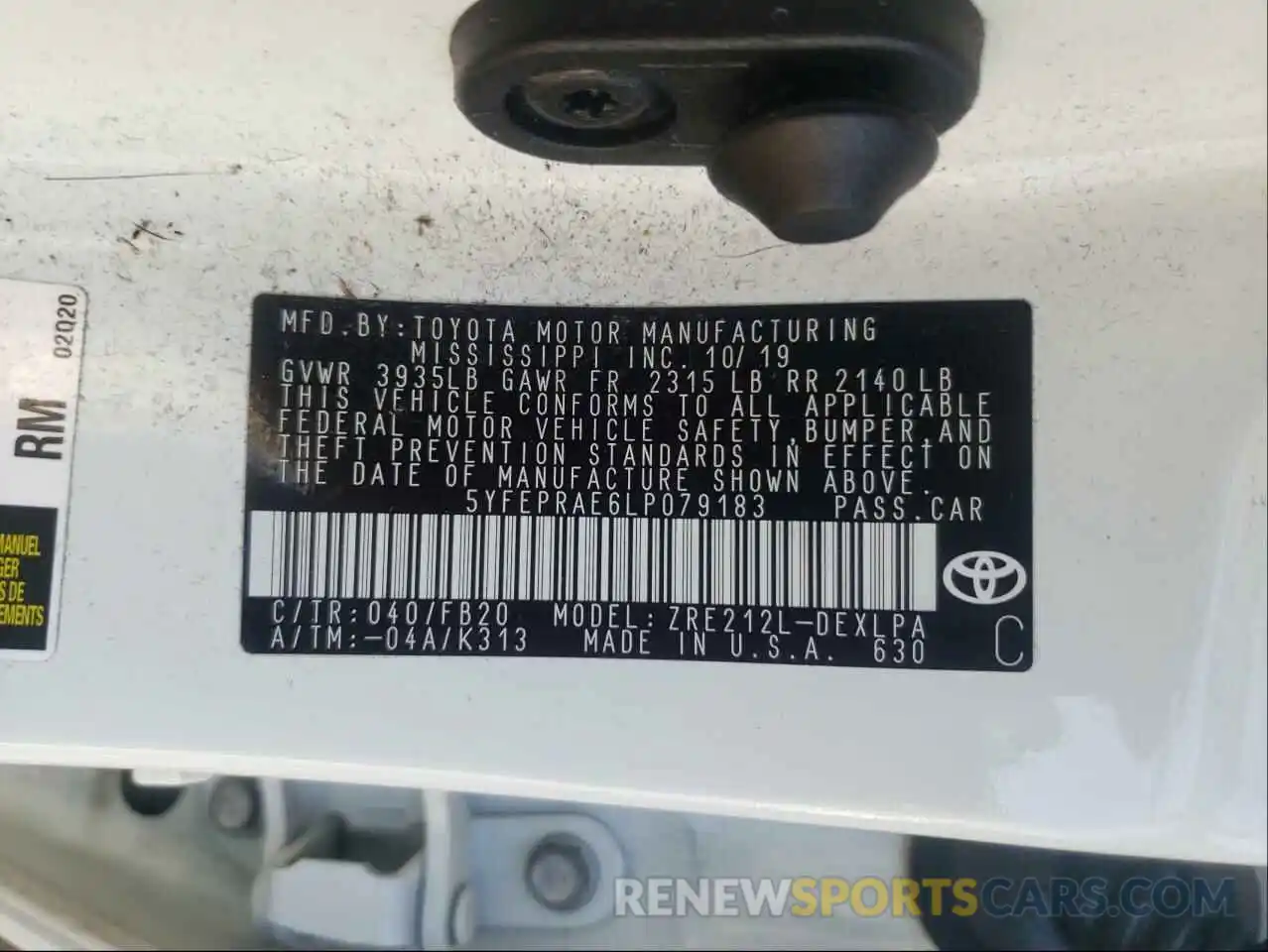 10 Photograph of a damaged car 5YFEPRAE6LP079183 TOYOTA COROLLA 2020