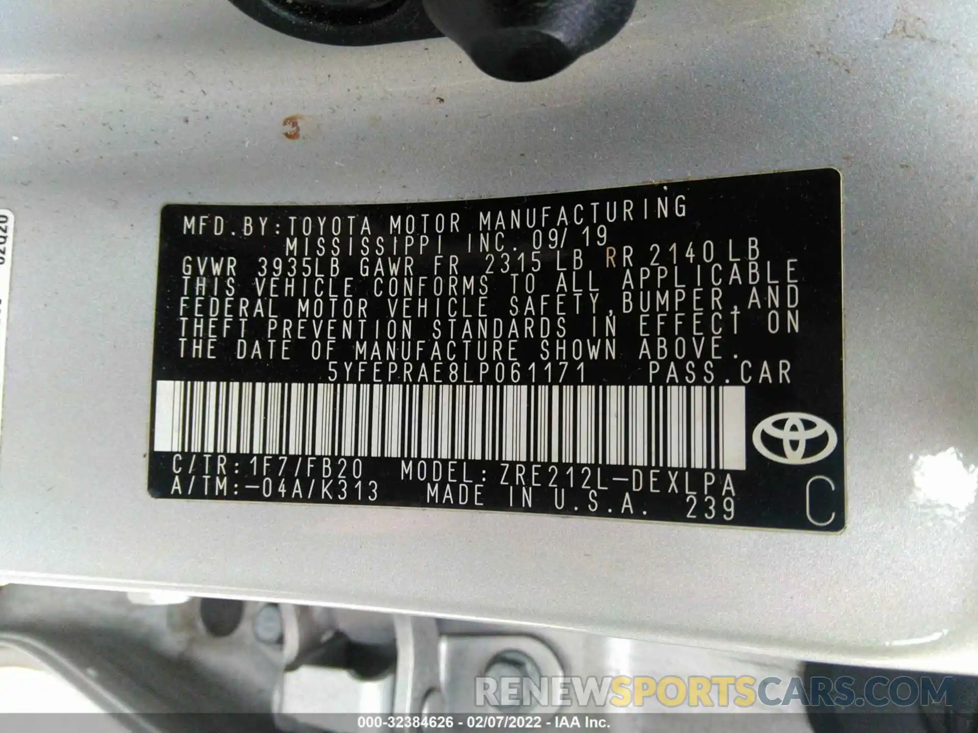 9 Фотография поврежденного автомобиля 5YFEPRAE8LP061171 TOYOTA COROLLA 2020