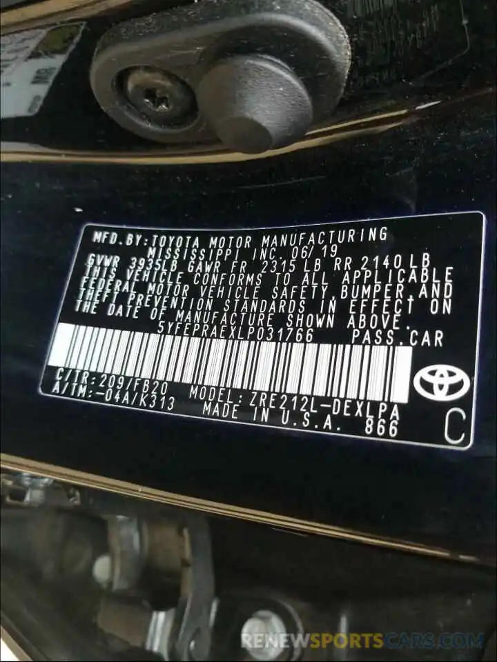 10 Photograph of a damaged car 5YFEPRAEXLP031766 TOYOTA COROLLA 2020
