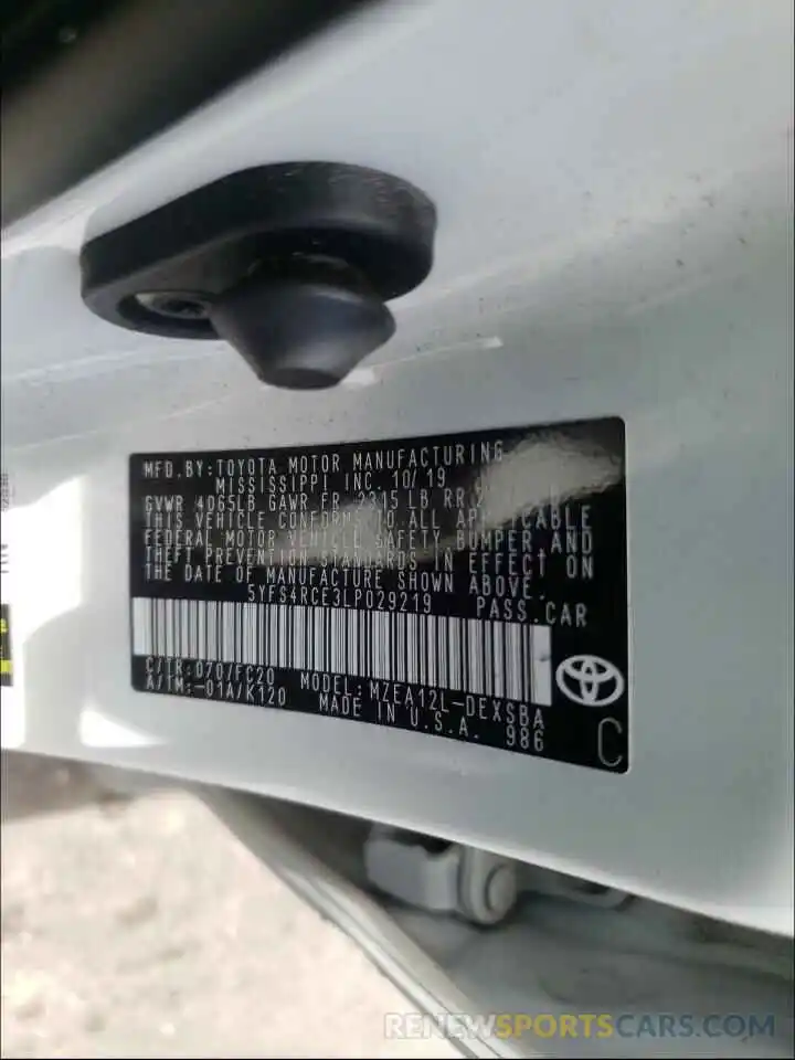 10 Photograph of a damaged car 5YFS4RCE3LP029219 TOYOTA COROLLA 2020