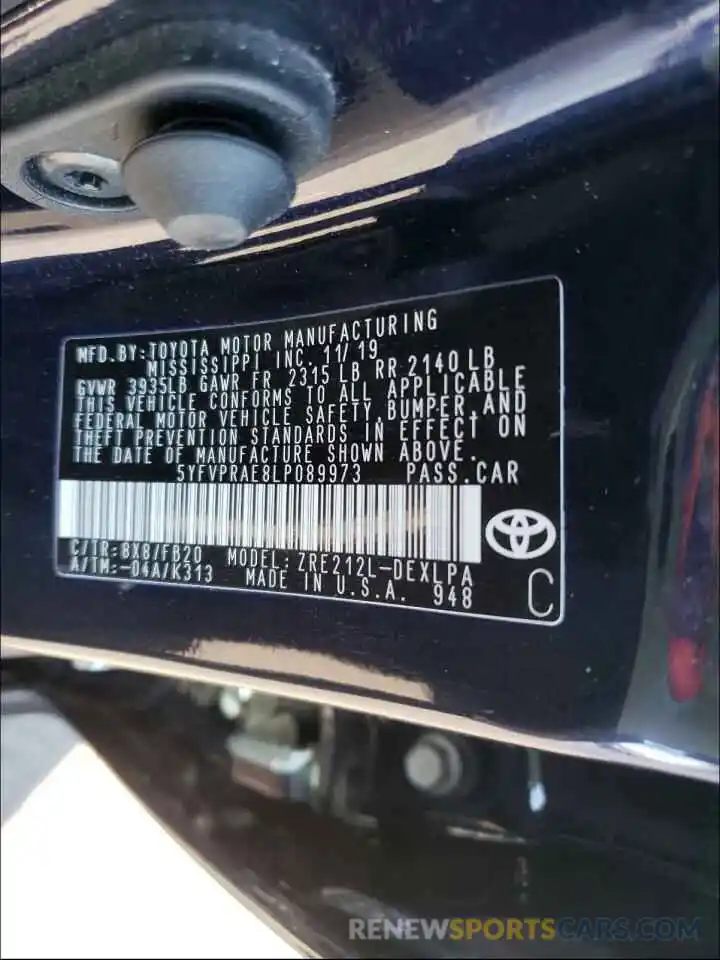 10 Photograph of a damaged car 5YFVPRAE8LP089973 TOYOTA COROLLA 2020