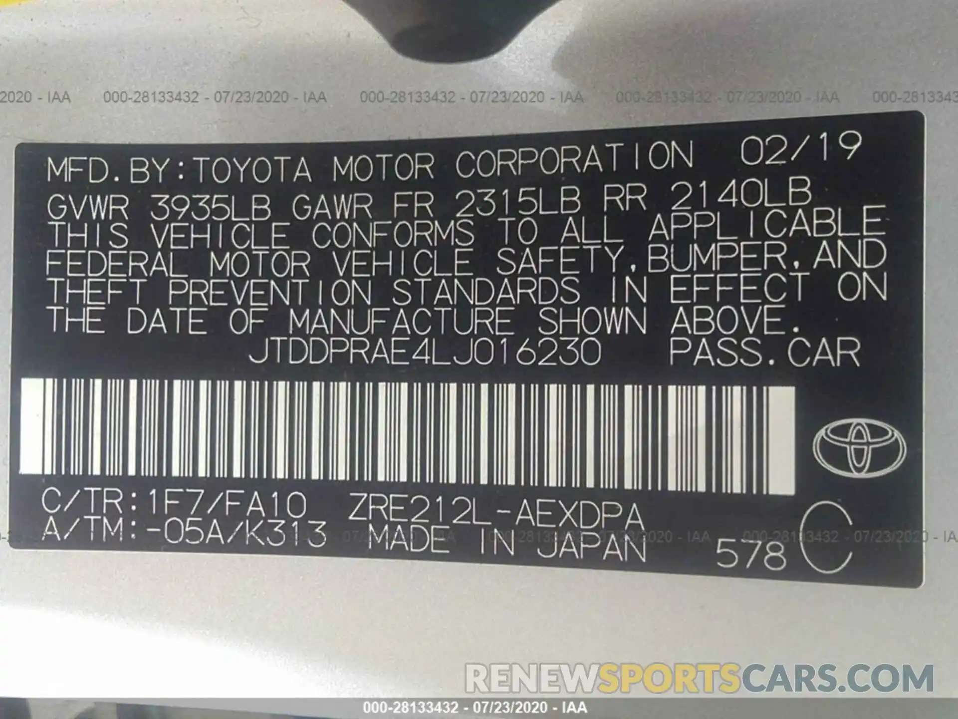 9 Фотография поврежденного автомобиля JTDDPRAE4LJ016230 TOYOTA COROLLA 2020