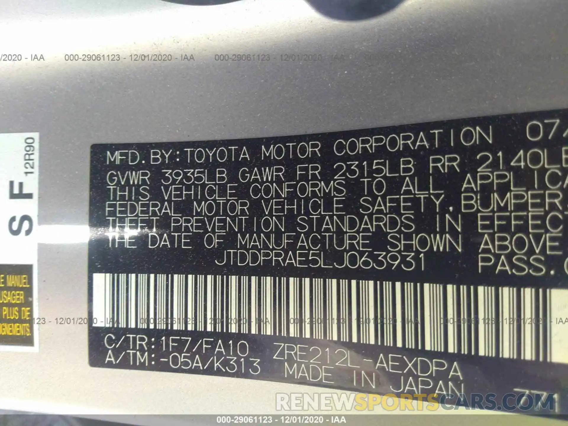 9 Фотография поврежденного автомобиля JTDDPRAE5LJ063931 TOYOTA COROLLA 2020