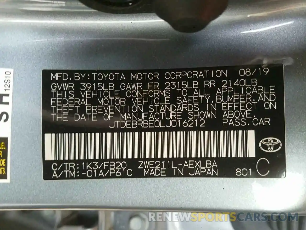 10 Фотография поврежденного автомобиля JTDEBRBE0LJ016212 TOYOTA COROLLA 2020