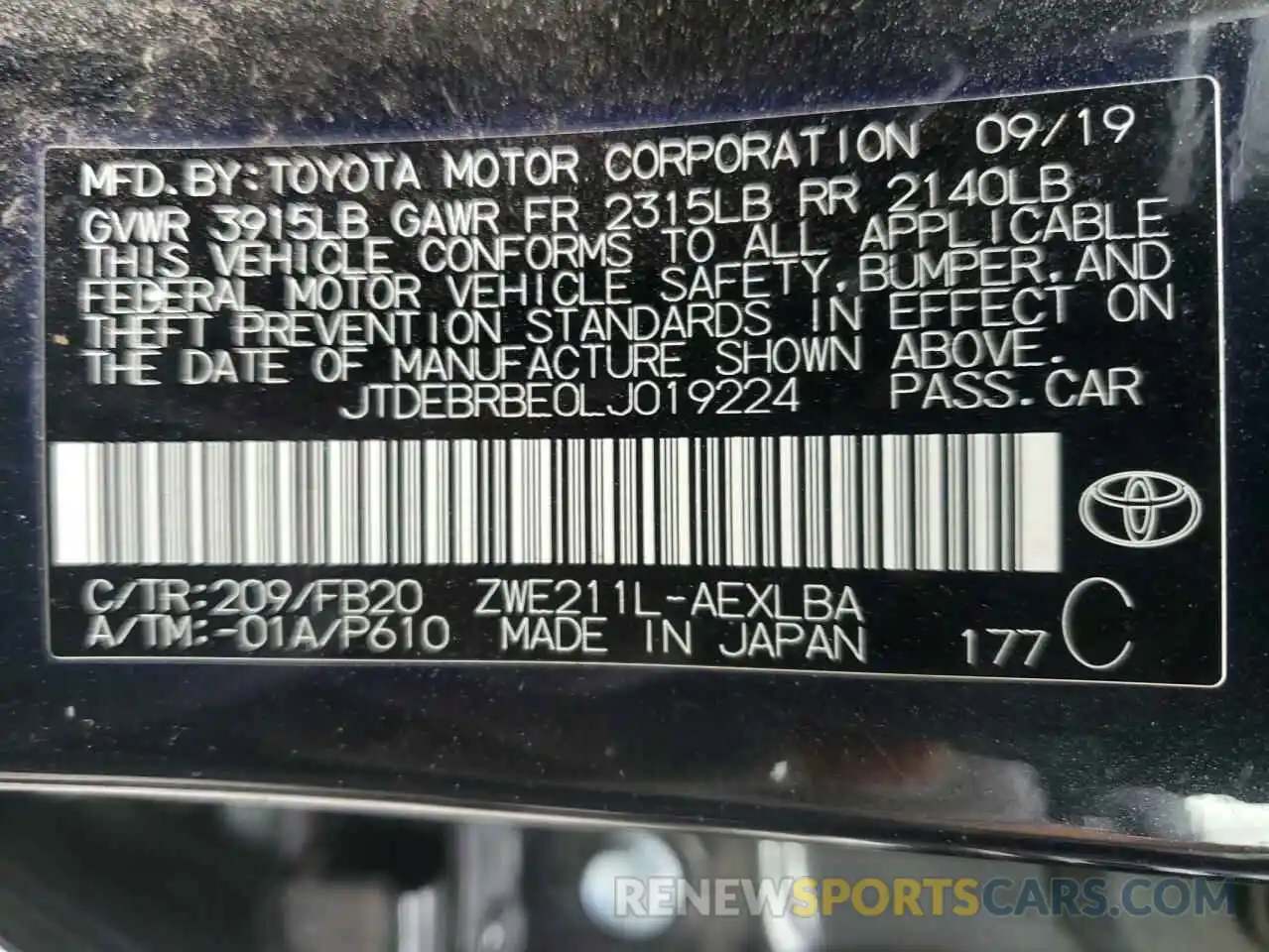 12 Фотография поврежденного автомобиля JTDEBRBE0LJ019224 TOYOTA COROLLA 2020