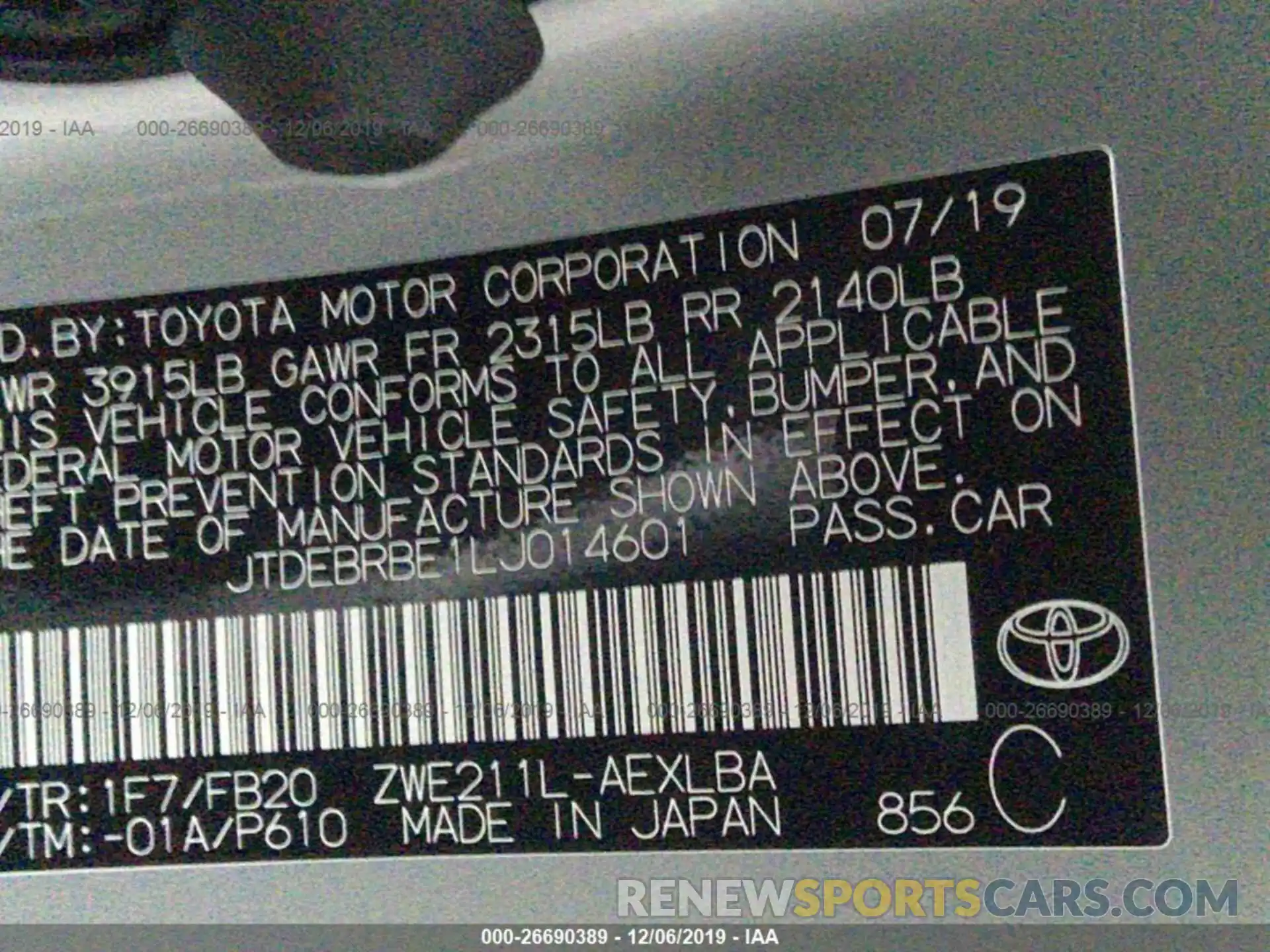 9 Photograph of a damaged car JTDEBRBE1LJ014601 TOYOTA COROLLA 2020