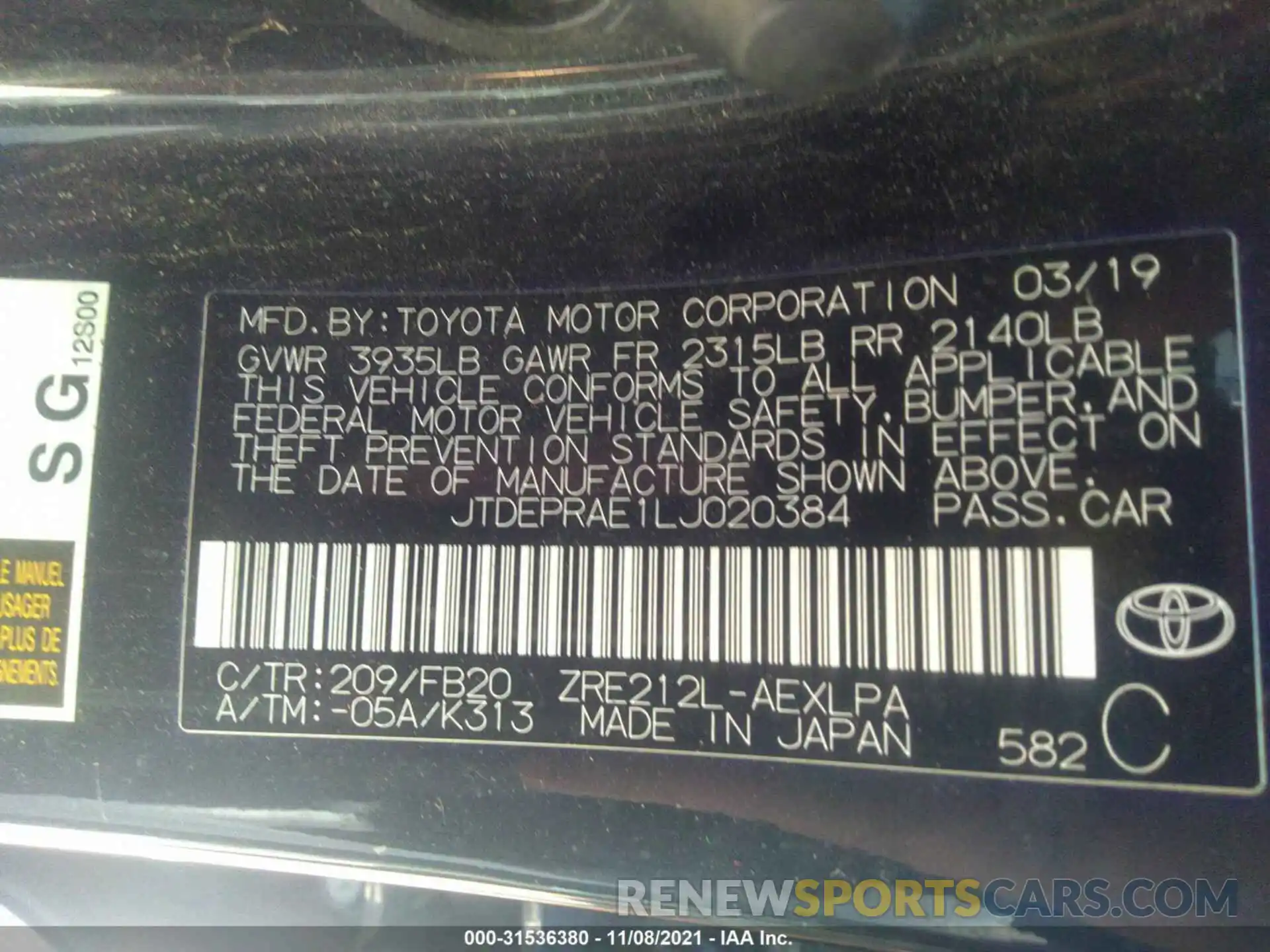 9 Фотография поврежденного автомобиля JTDEPRAE1LJ020384 TOYOTA COROLLA 2020