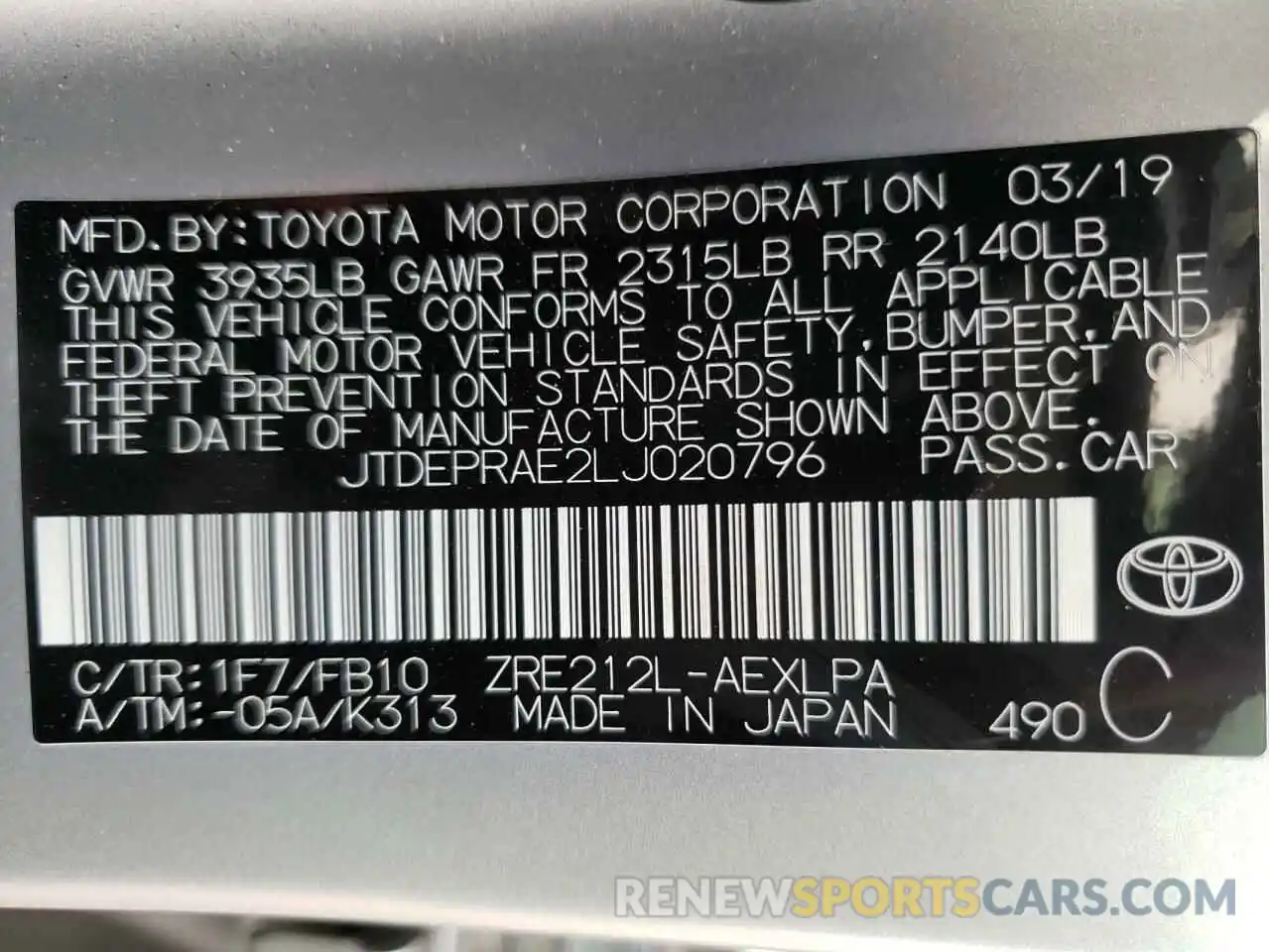 10 Фотография поврежденного автомобиля JTDEPRAE2LJ020796 TOYOTA COROLLA 2020