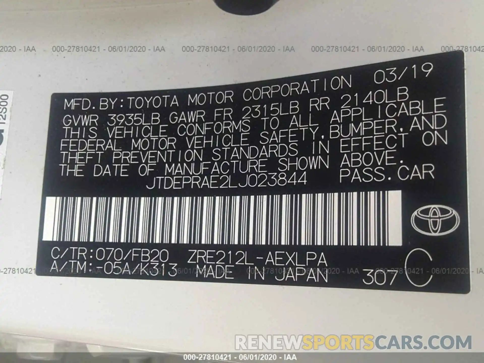 9 Photograph of a damaged car JTDEPRAE2LJ023844 TOYOTA COROLLA 2020