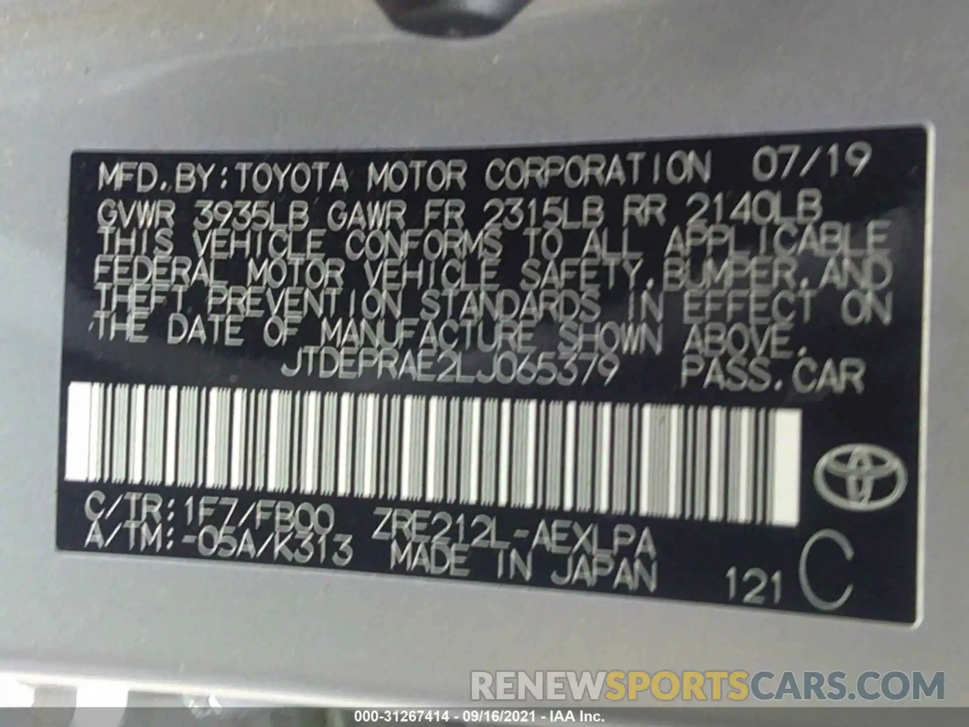 9 Photograph of a damaged car JTDEPRAE2LJ065379 TOYOTA COROLLA 2020