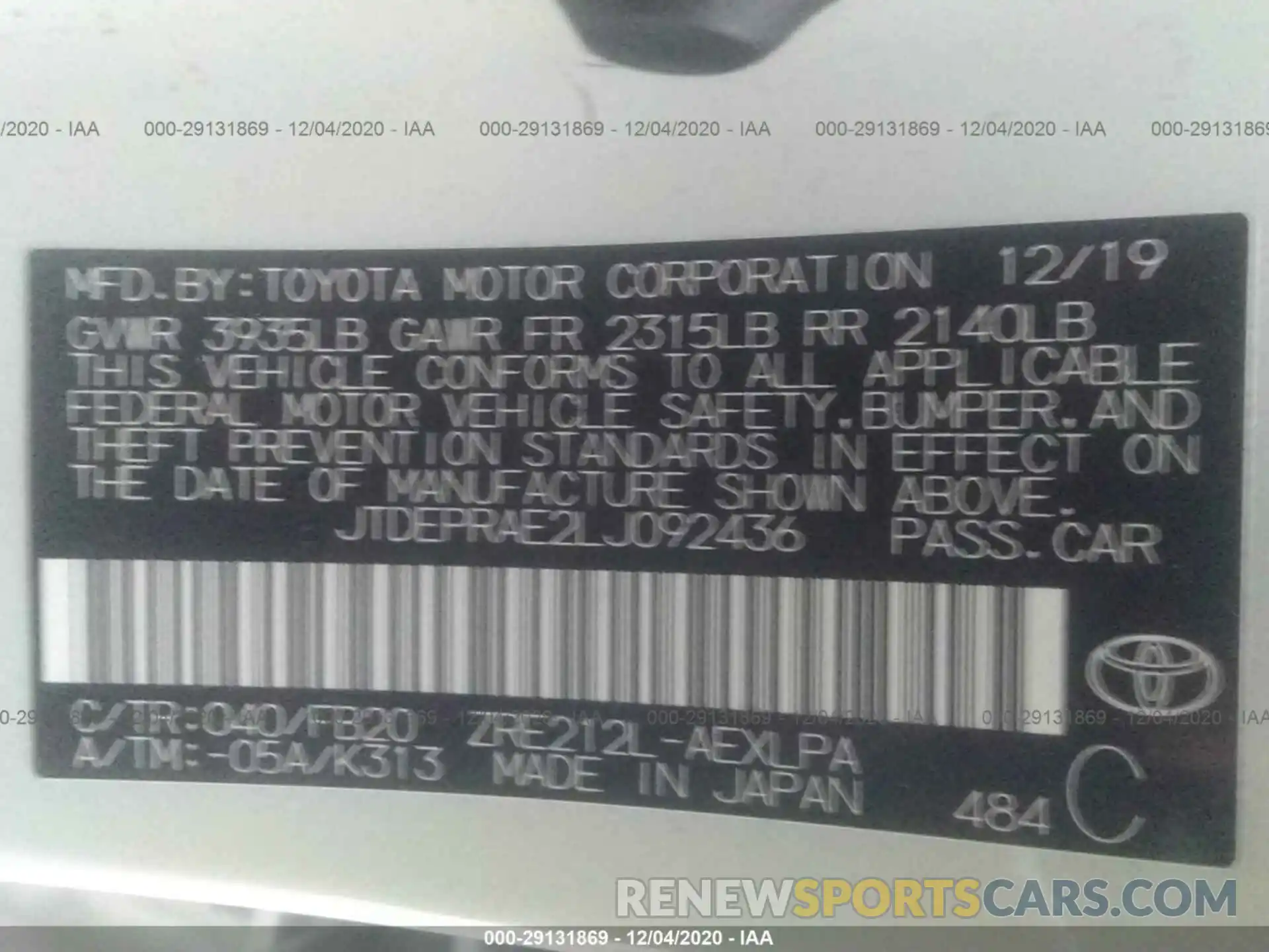 9 Photograph of a damaged car JTDEPRAE2LJ092436 TOYOTA COROLLA 2020