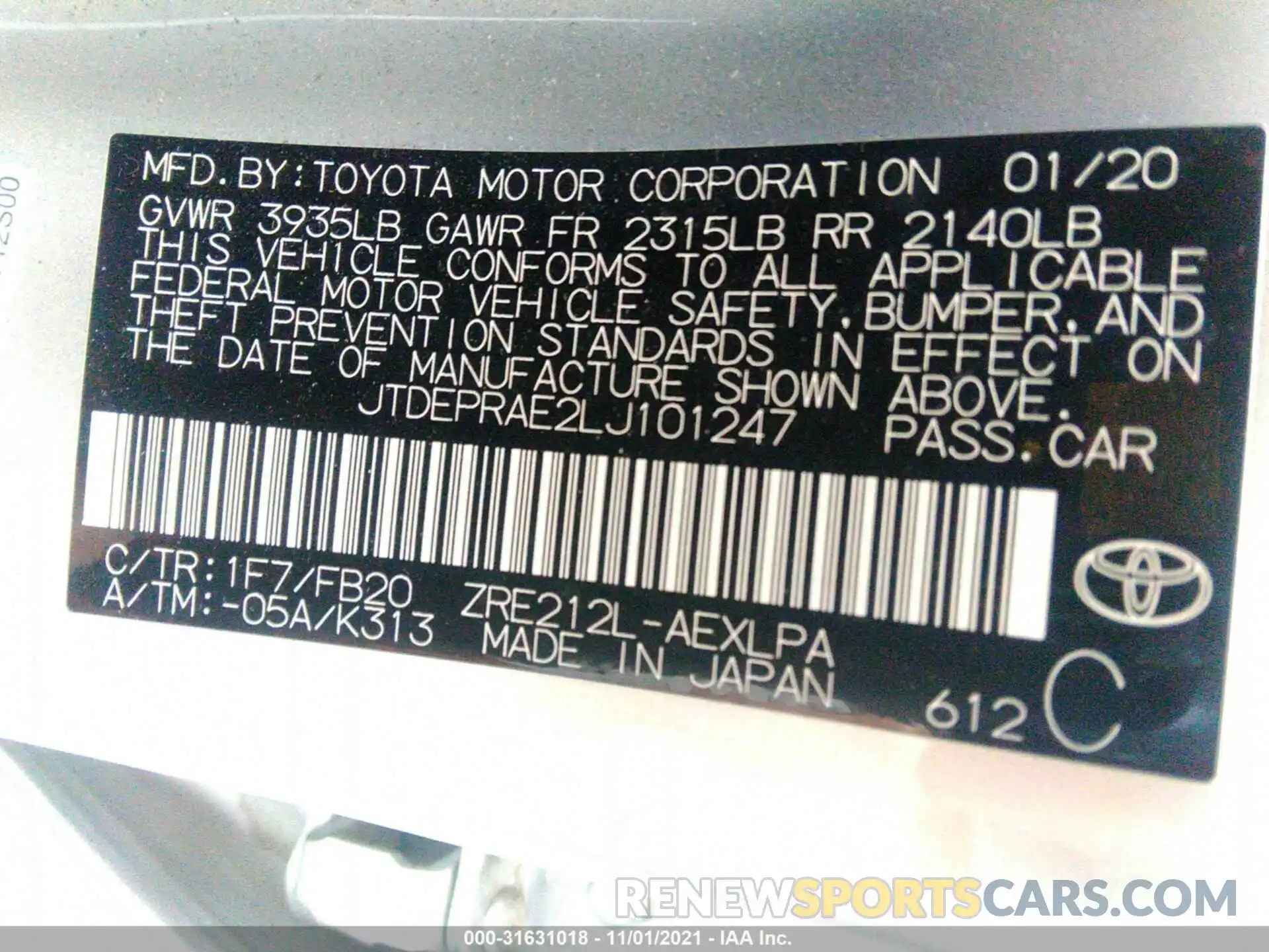 9 Фотография поврежденного автомобиля JTDEPRAE2LJ101247 TOYOTA COROLLA 2020