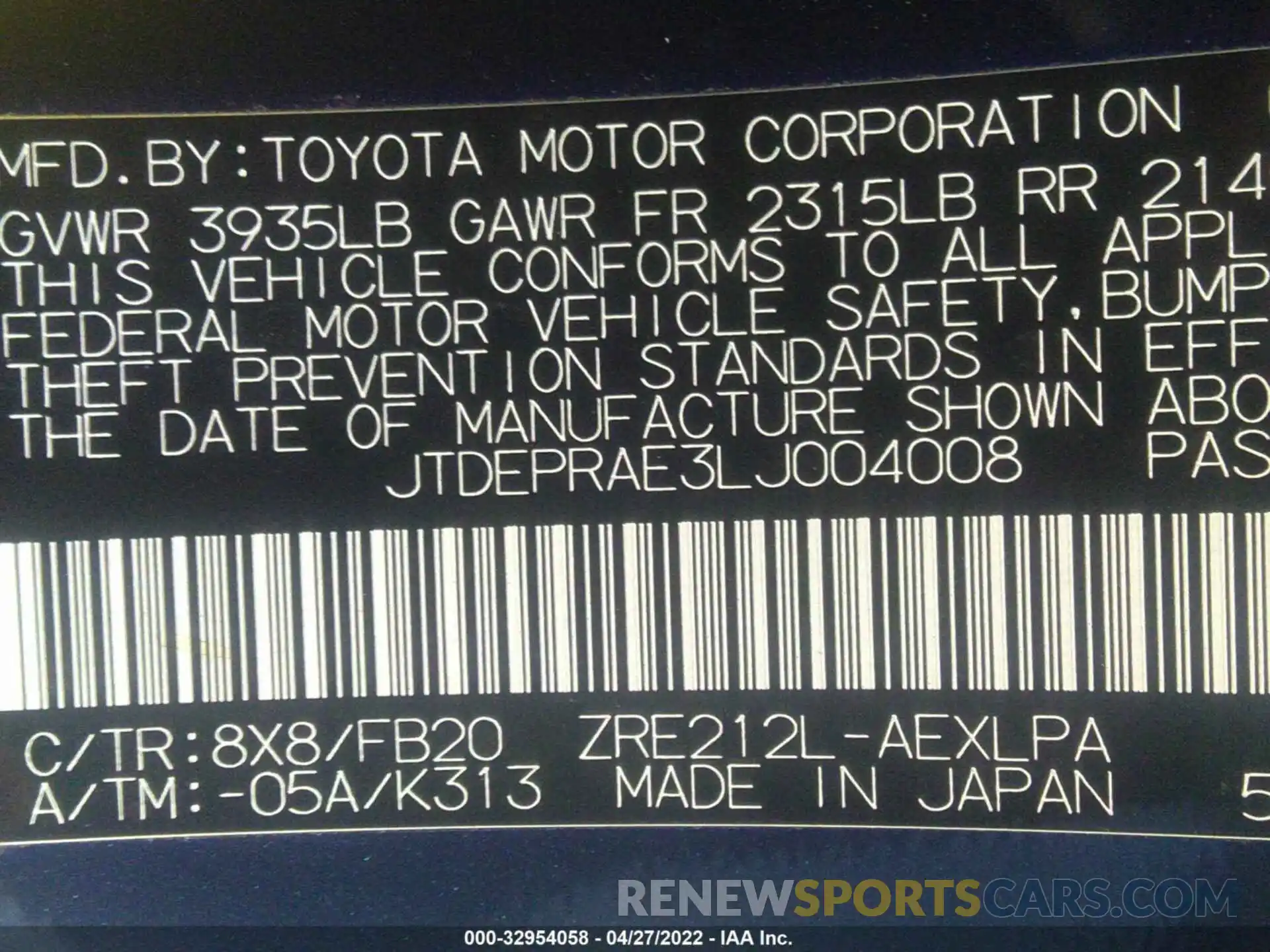 9 Photograph of a damaged car JTDEPRAE3LJ004008 TOYOTA COROLLA 2020