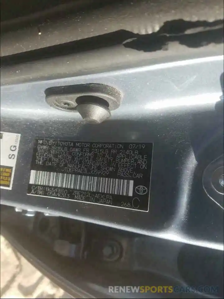 10 Photograph of a damaged car JTDEPRAE3LJ059929 TOYOTA COROLLA 2020