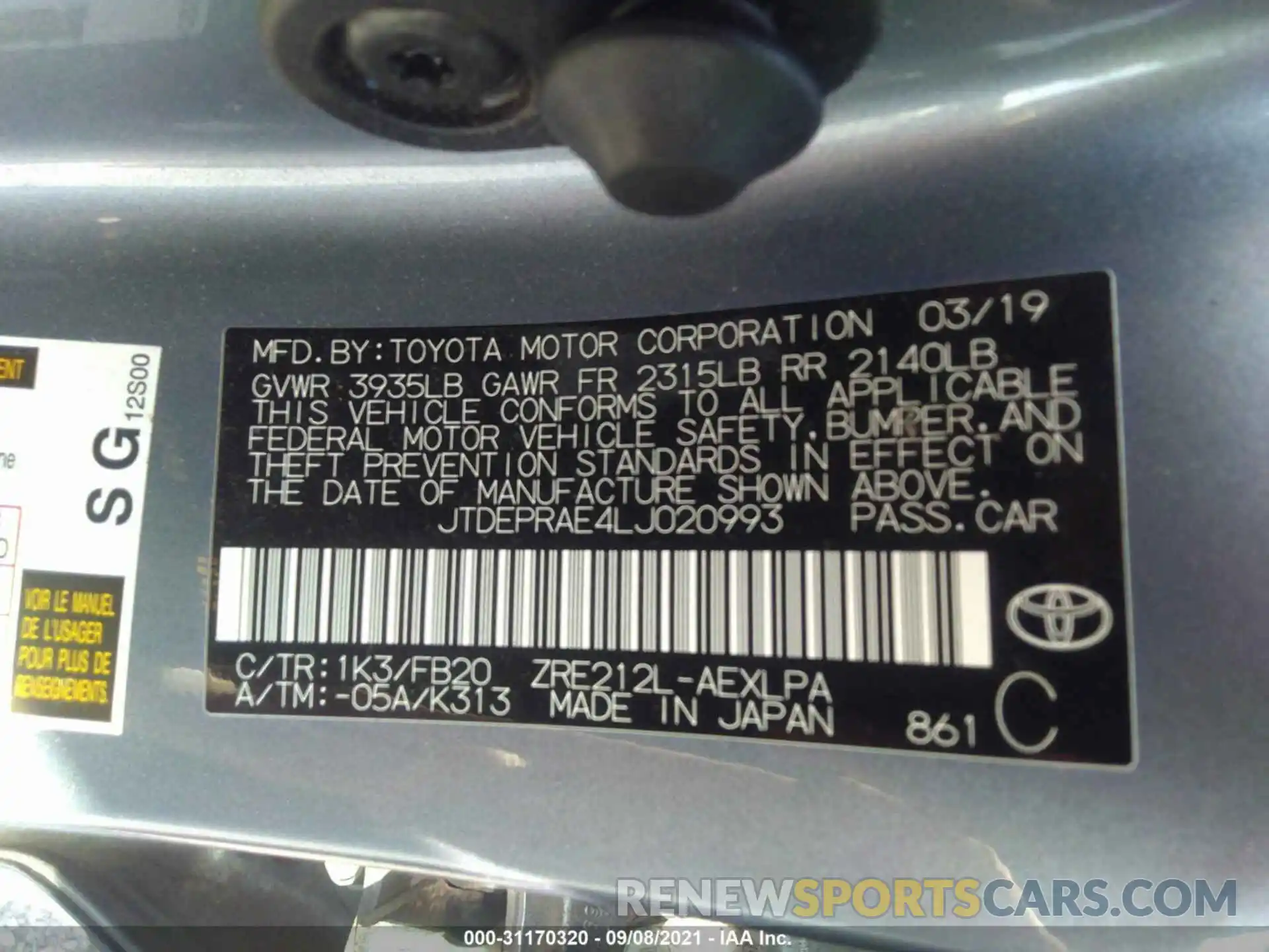 9 Фотография поврежденного автомобиля JTDEPRAE4LJ020993 TOYOTA COROLLA 2020