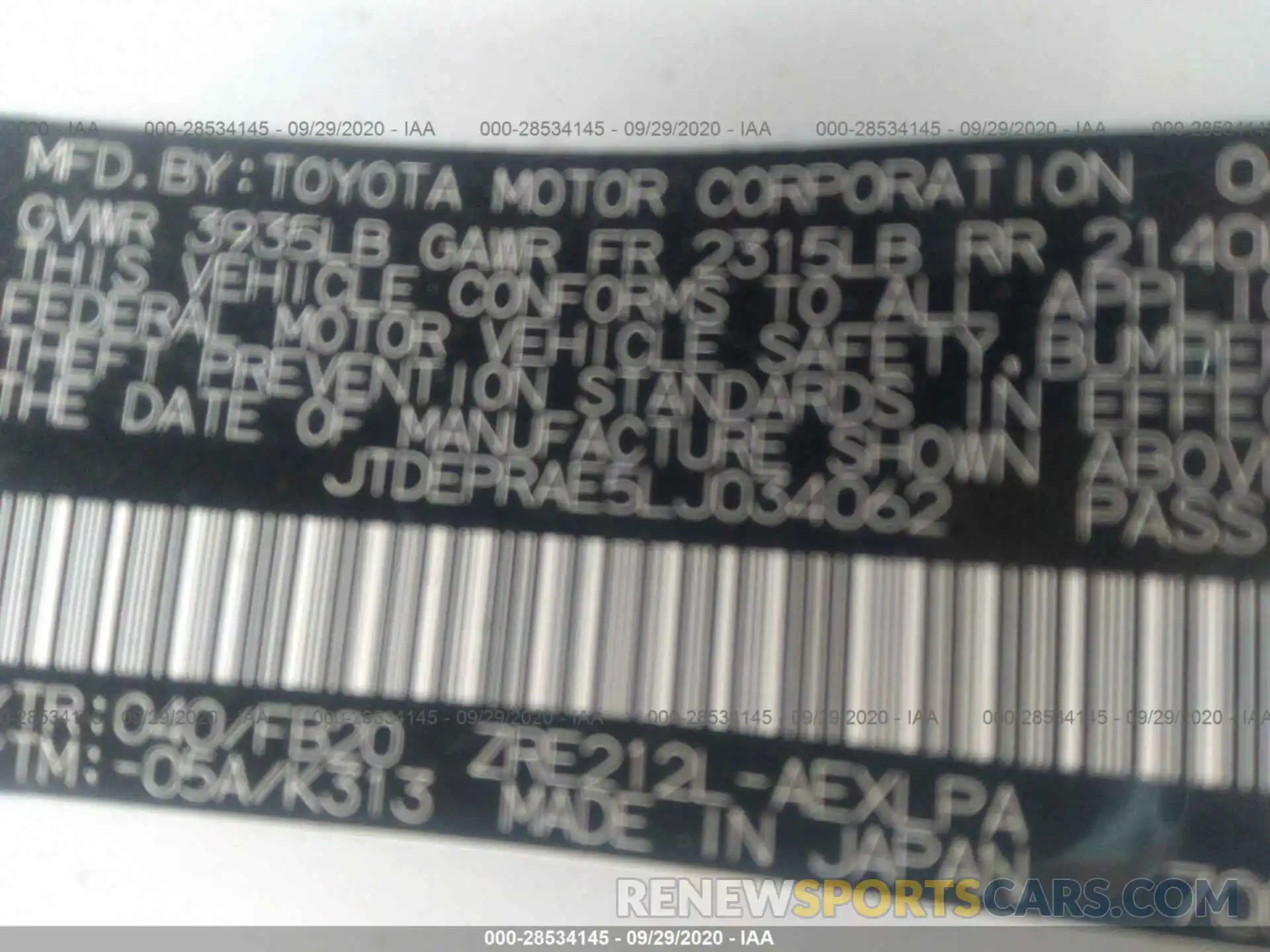 9 Photograph of a damaged car JTDEPRAE5LJ034062 TOYOTA COROLLA 2020