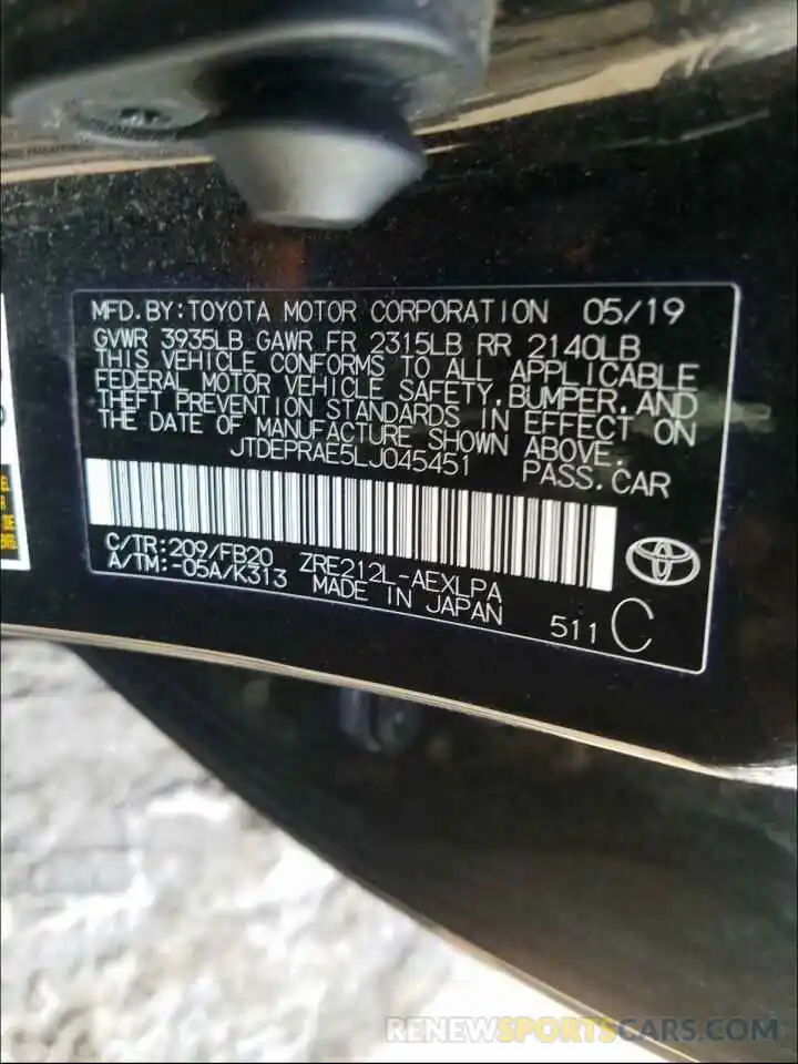 10 Photograph of a damaged car JTDEPRAE5LJ045451 TOYOTA COROLLA 2020
