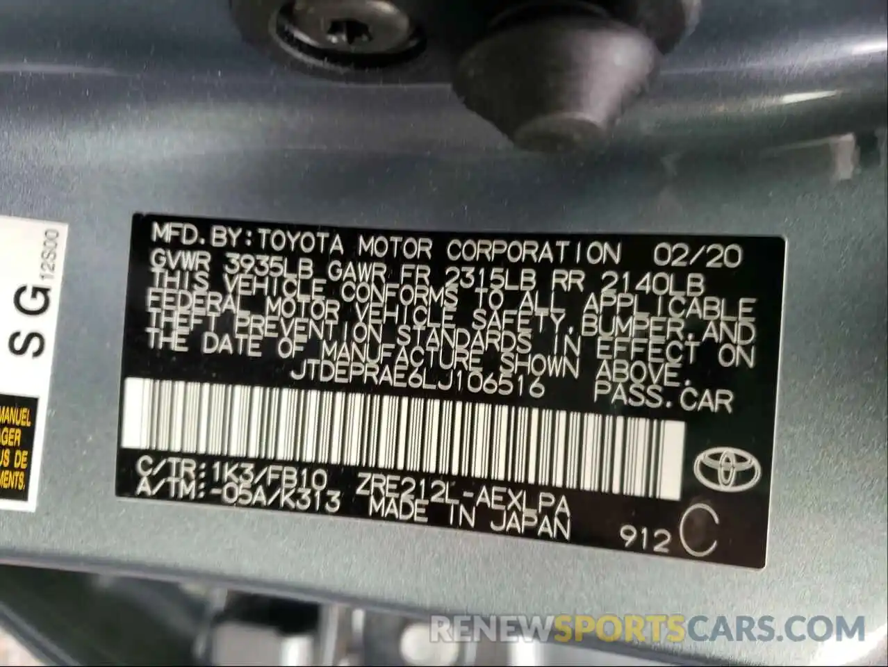 10 Фотография поврежденного автомобиля JTDEPRAE6LJ106516 TOYOTA COROLLA 2020