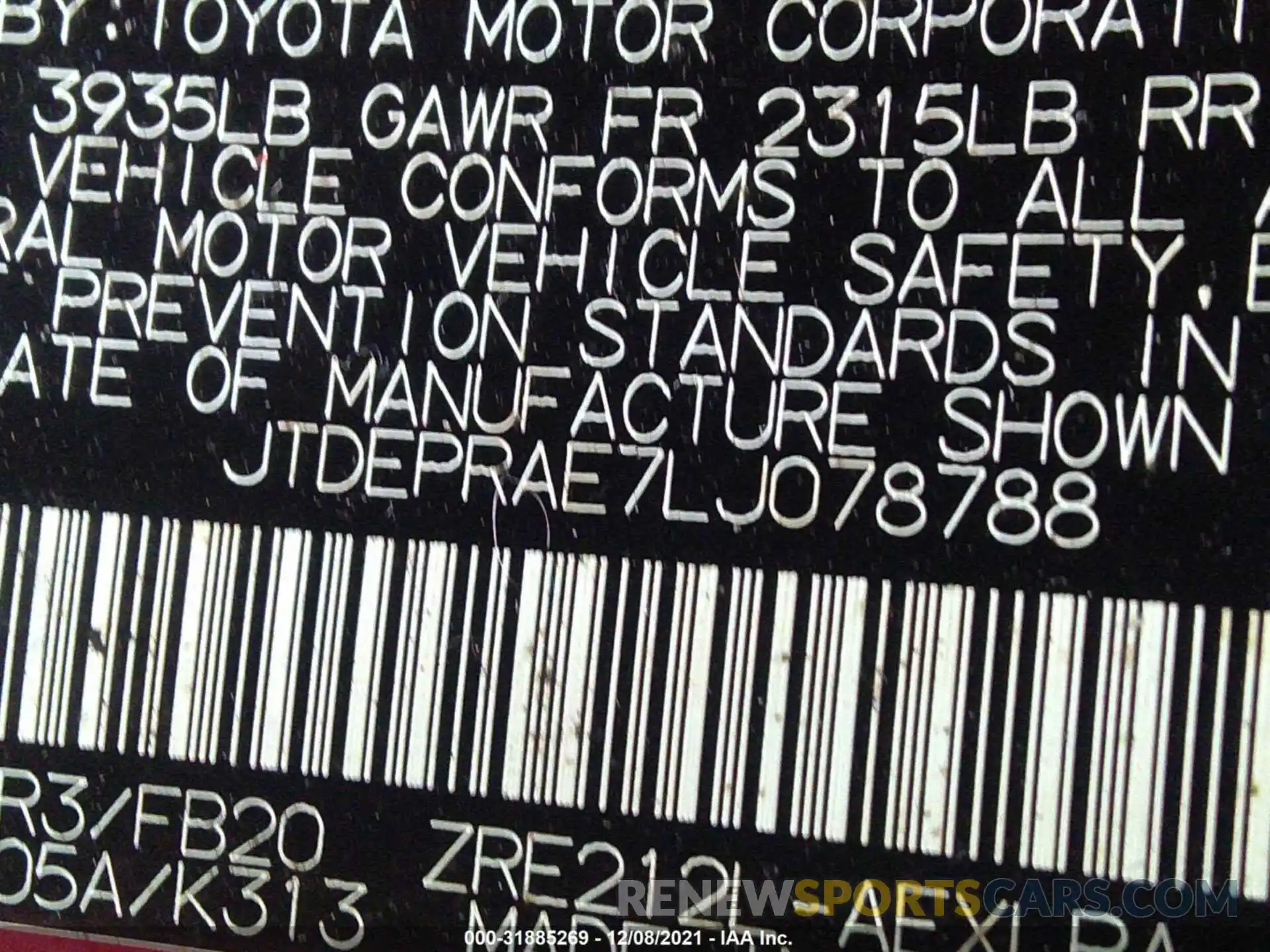 9 Photograph of a damaged car JTDEPRAE7LJ078788 TOYOTA COROLLA 2020