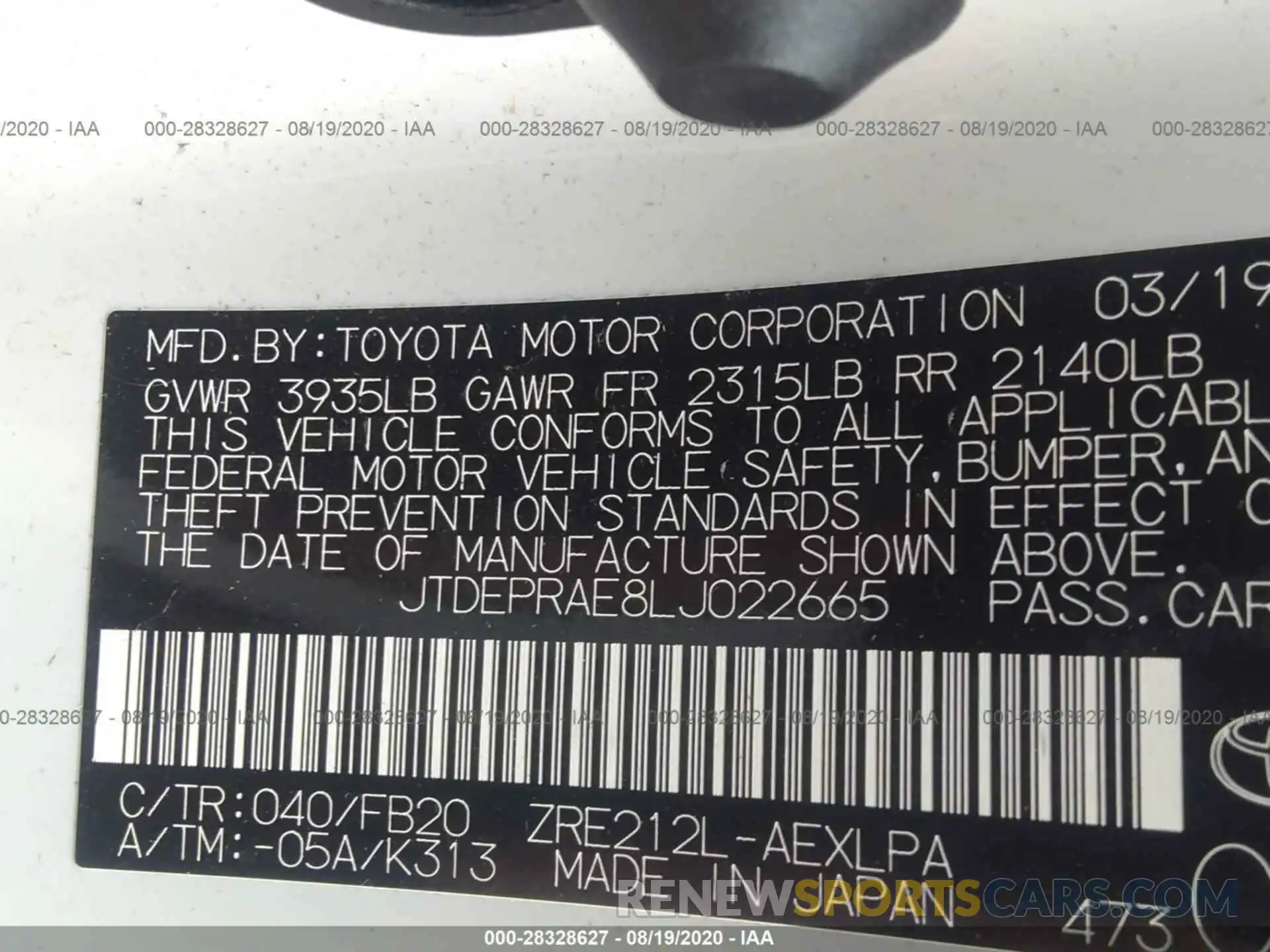 9 Photograph of a damaged car JTDEPRAE8LJ022665 TOYOTA COROLLA 2020