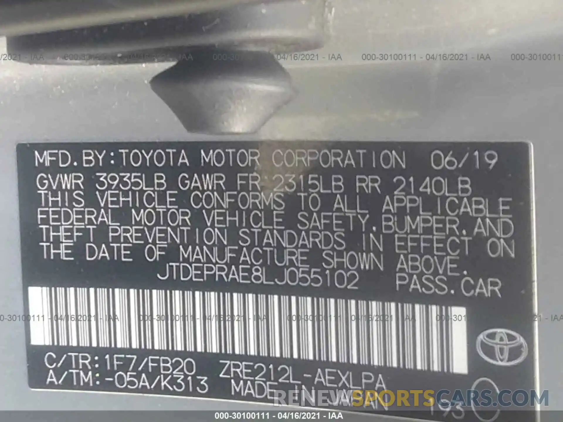 9 Фотография поврежденного автомобиля JTDEPRAE8LJ055102 TOYOTA COROLLA 2020