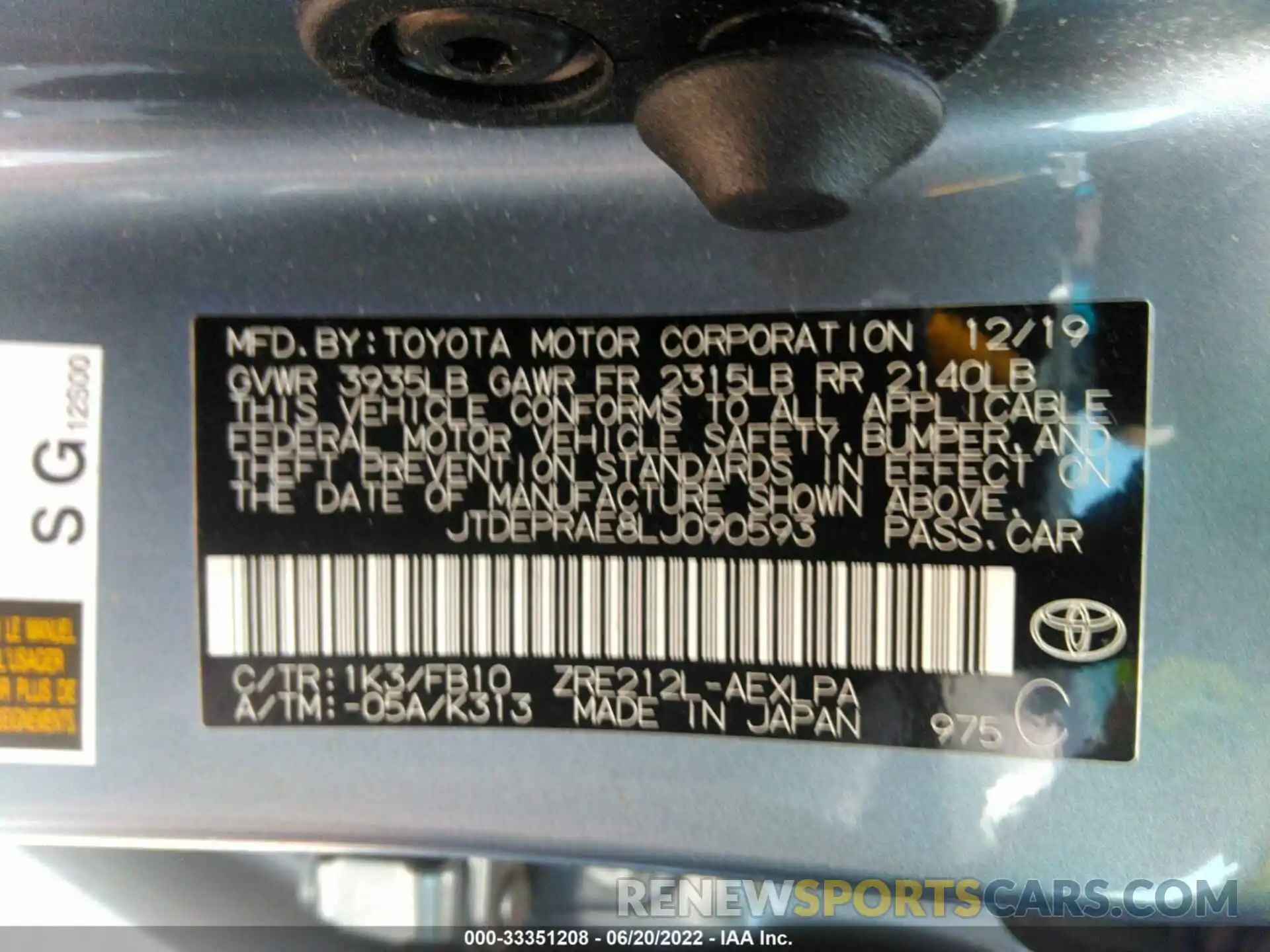 9 Фотография поврежденного автомобиля JTDEPRAE8LJ090593 TOYOTA COROLLA 2020