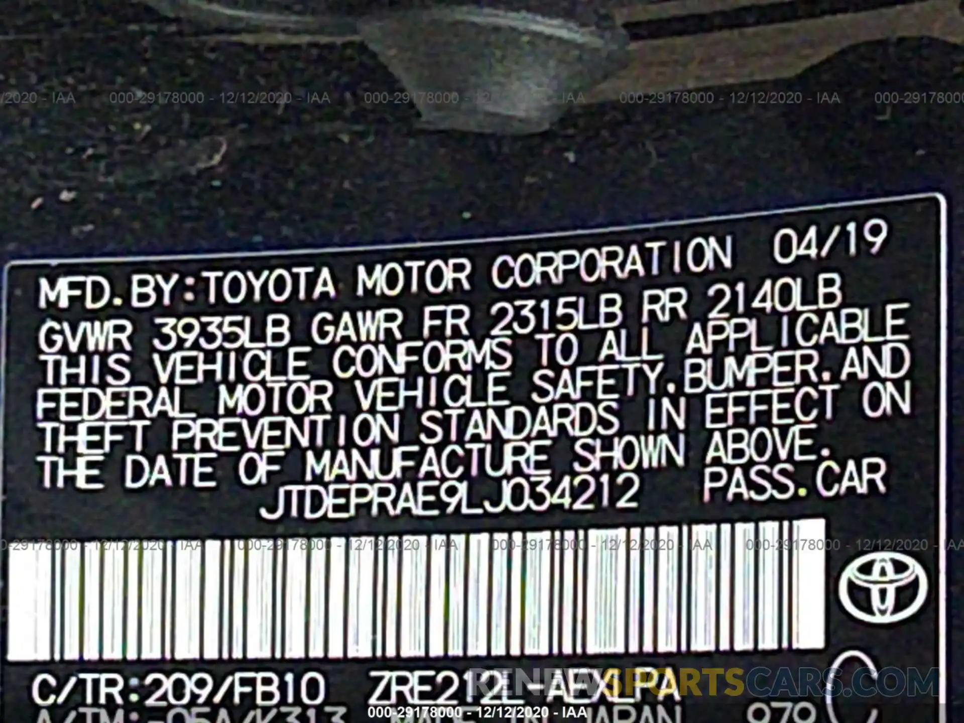 9 Photograph of a damaged car JTDEPRAE9LJ034212 TOYOTA COROLLA 2020