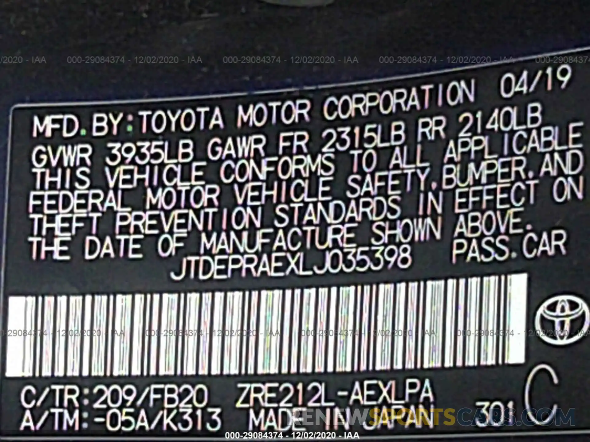 9 Photograph of a damaged car JTDEPRAEXLJ035398 TOYOTA COROLLA 2020