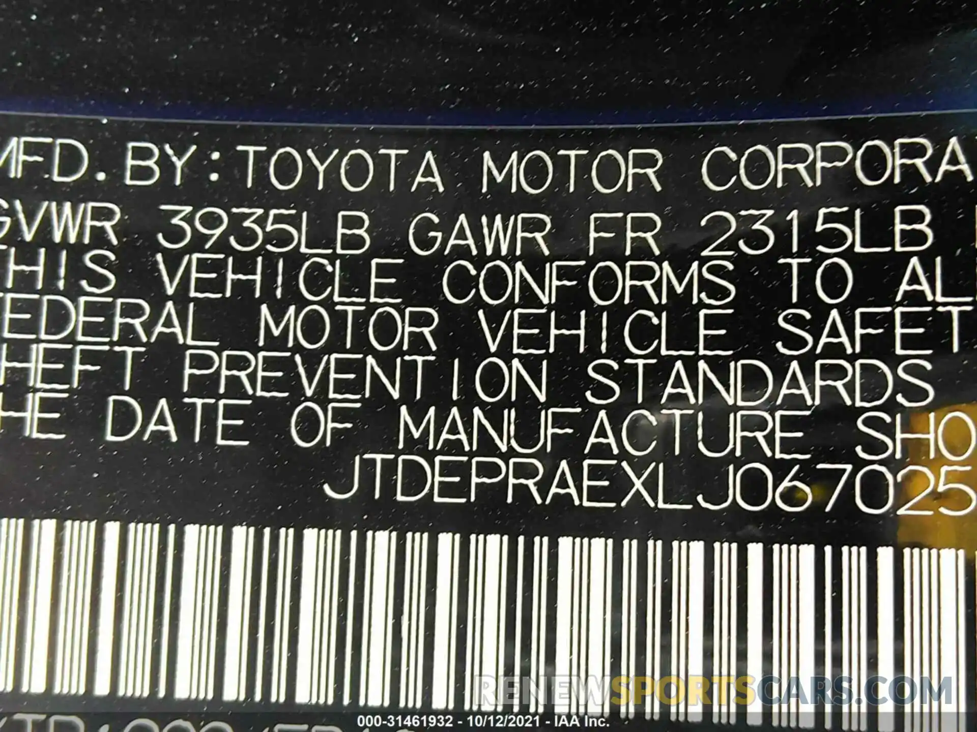 9 Photograph of a damaged car JTDEPRAEXLJ067025 TOYOTA COROLLA 2020