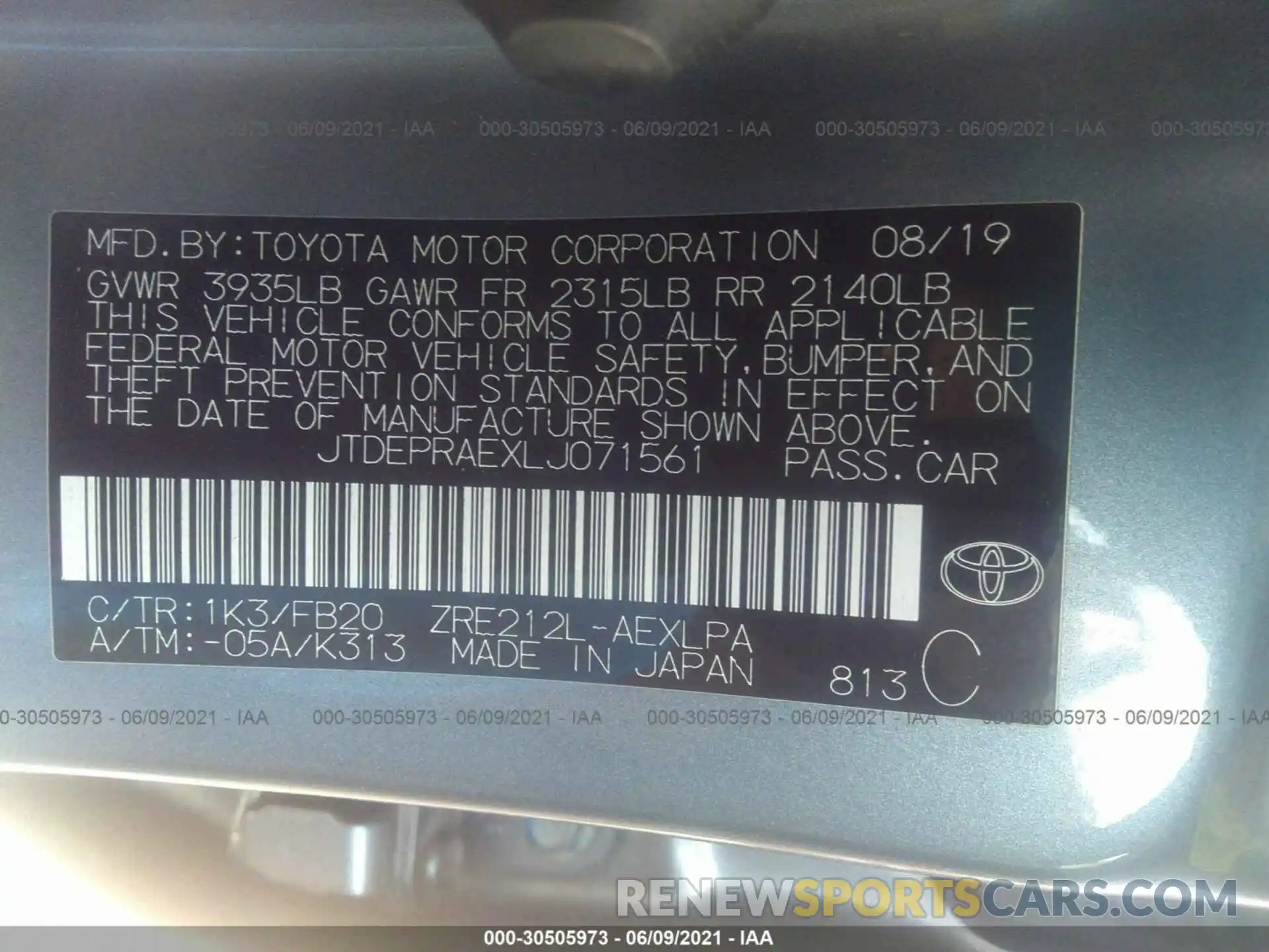 9 Фотография поврежденного автомобиля JTDEPRAEXLJ071561 TOYOTA COROLLA 2020