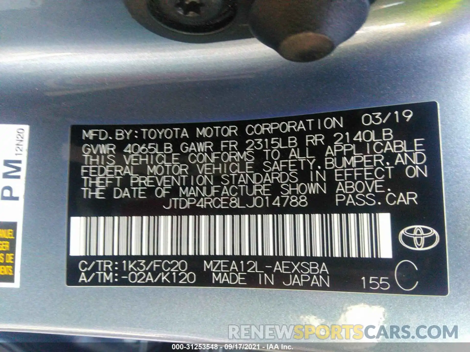 9 Фотография поврежденного автомобиля JTDP4RCE8LJ014788 TOYOTA COROLLA 2020