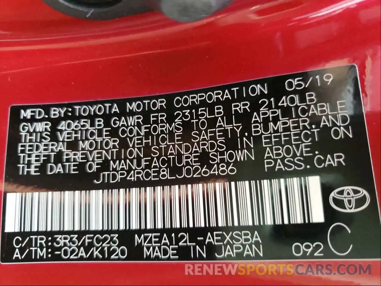 10 Фотография поврежденного автомобиля JTDP4RCE8LJ026486 TOYOTA COROLLA 2020