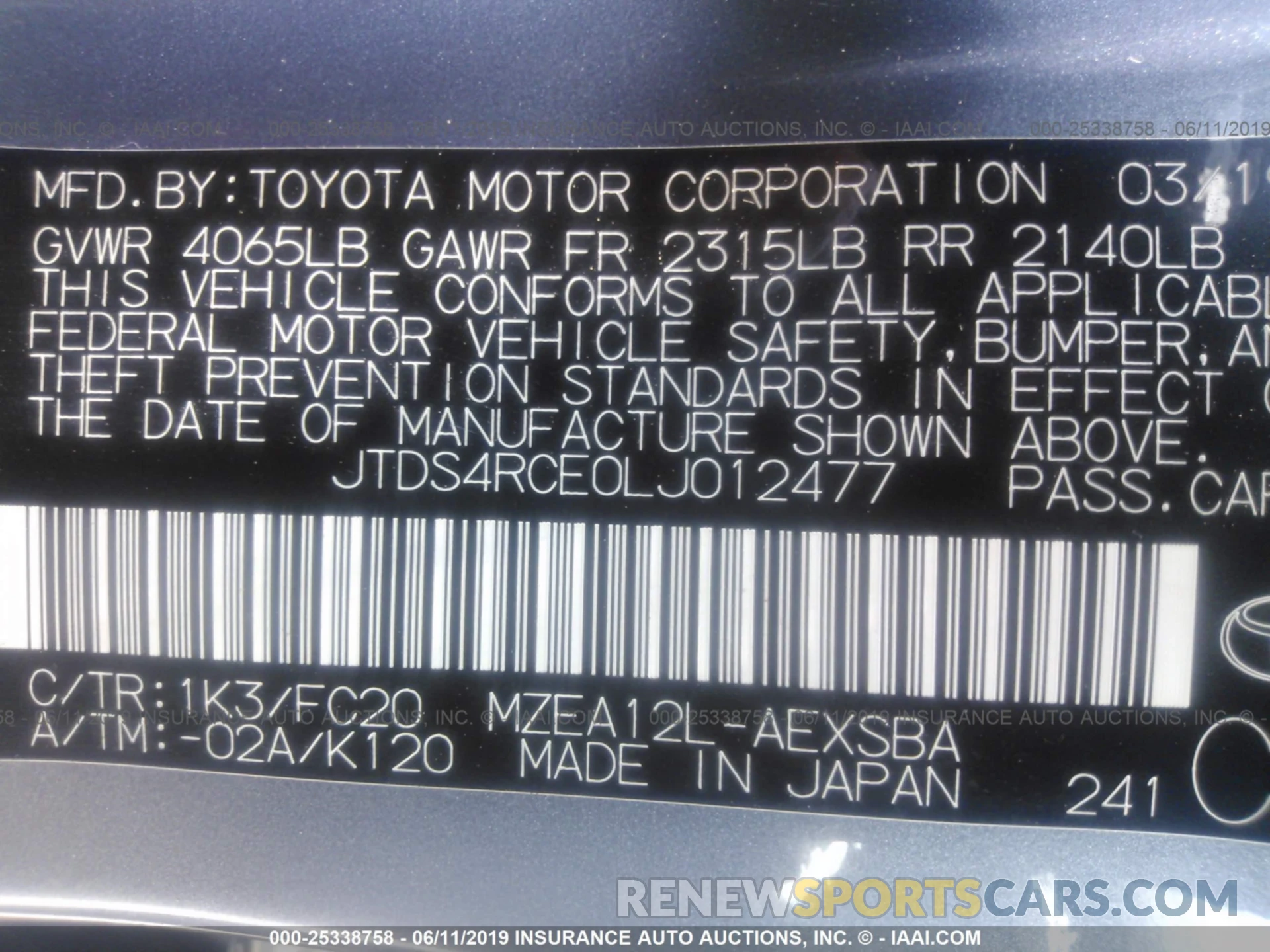 9 Фотография поврежденного автомобиля JTDS4RCE0LJ012477 TOYOTA COROLLA 2020