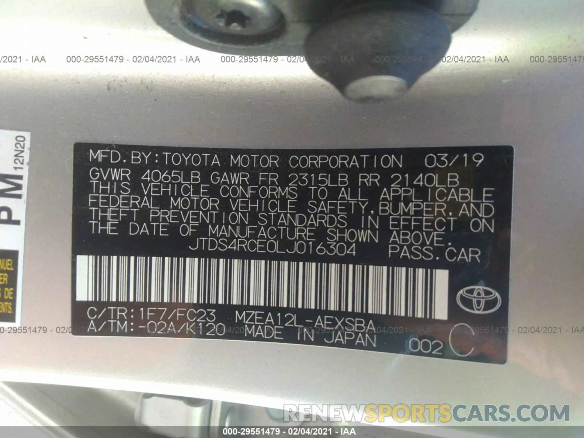 9 Фотография поврежденного автомобиля JTDS4RCE0LJ016304 TOYOTA COROLLA 2020