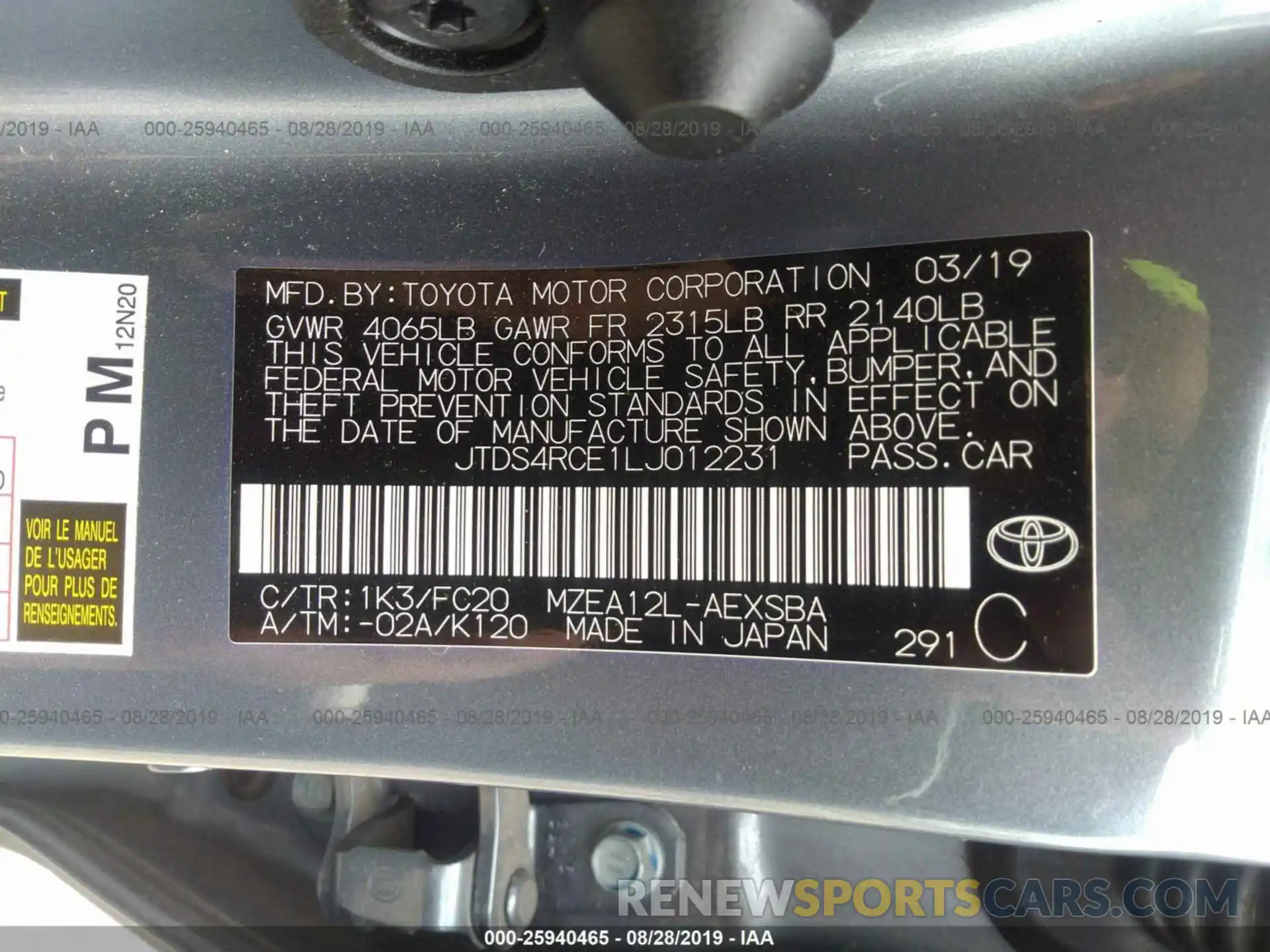 9 Фотография поврежденного автомобиля JTDS4RCE1LJ012231 TOYOTA COROLLA 2020