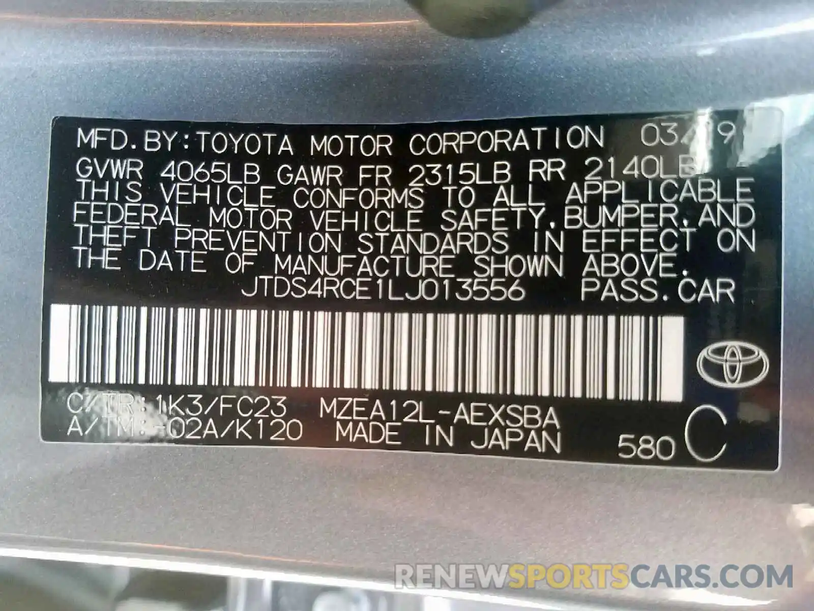 10 Фотография поврежденного автомобиля JTDS4RCE1LJ013556 TOYOTA COROLLA 2020