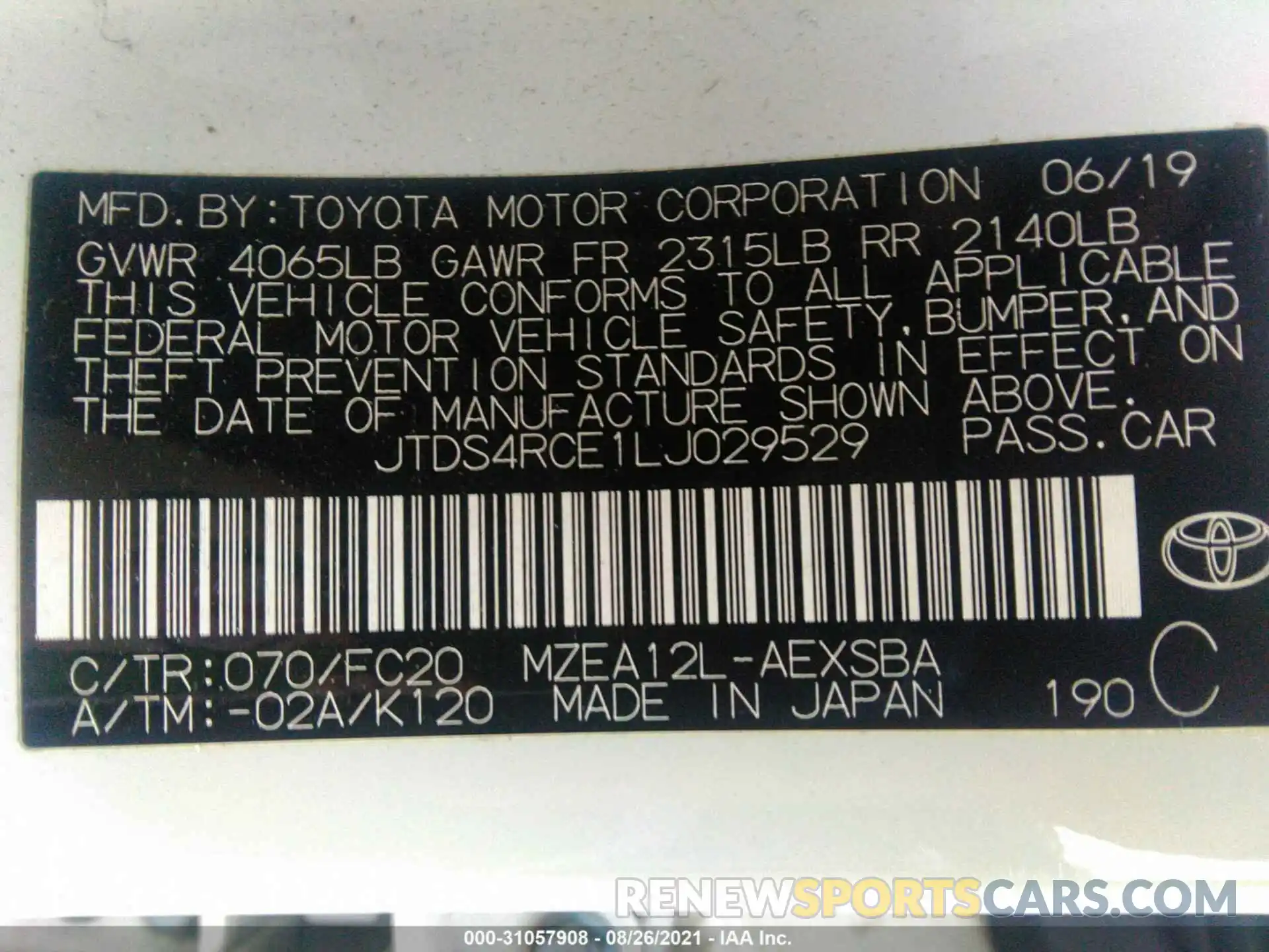 9 Фотография поврежденного автомобиля JTDS4RCE1LJ029529 TOYOTA COROLLA 2020