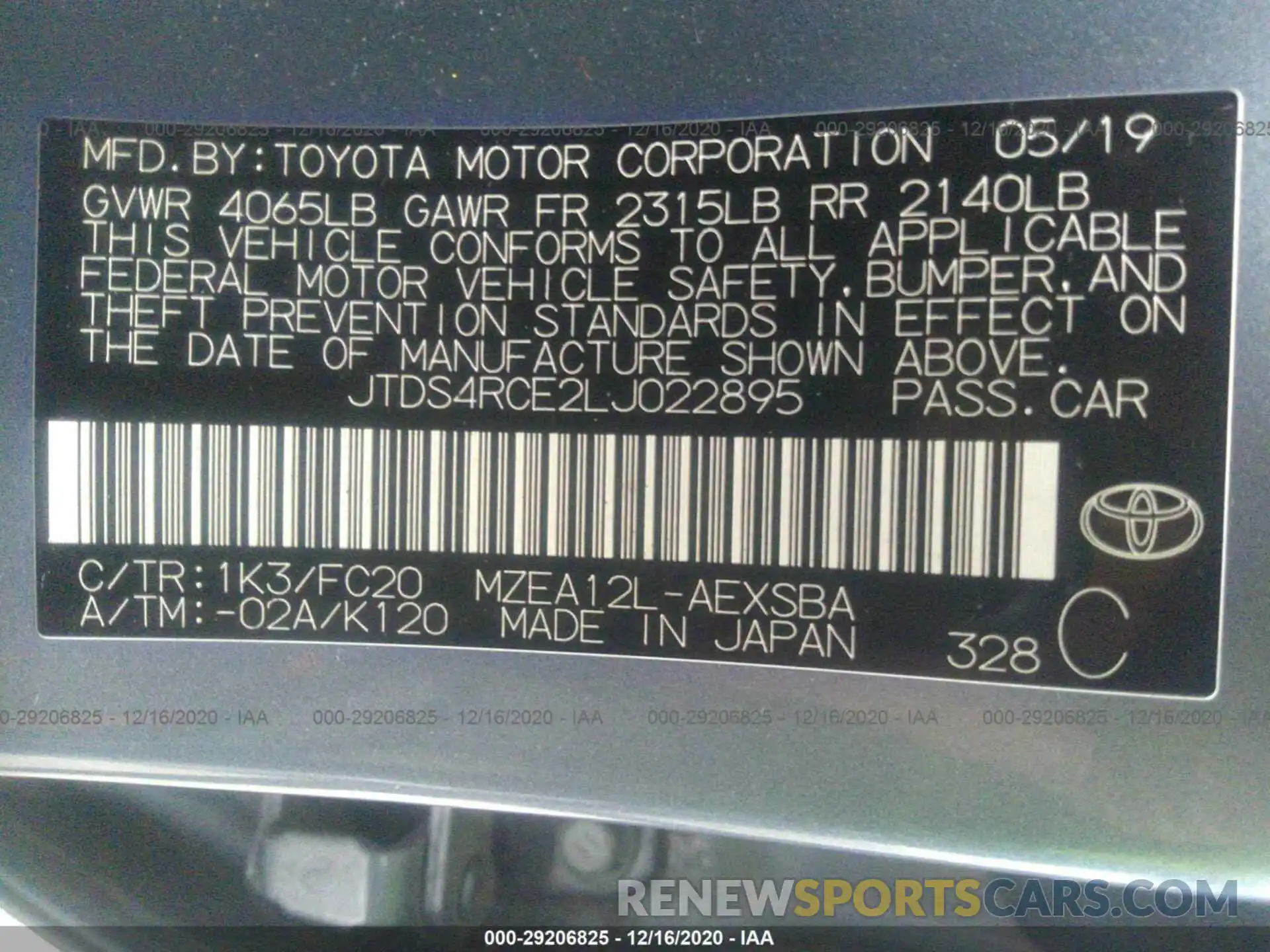 9 Фотография поврежденного автомобиля JTDS4RCE2LJ022895 TOYOTA COROLLA 2020