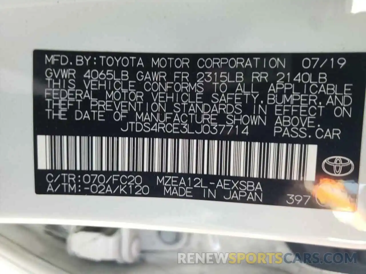 10 Фотография поврежденного автомобиля JTDS4RCE3LJ037714 TOYOTA COROLLA 2020