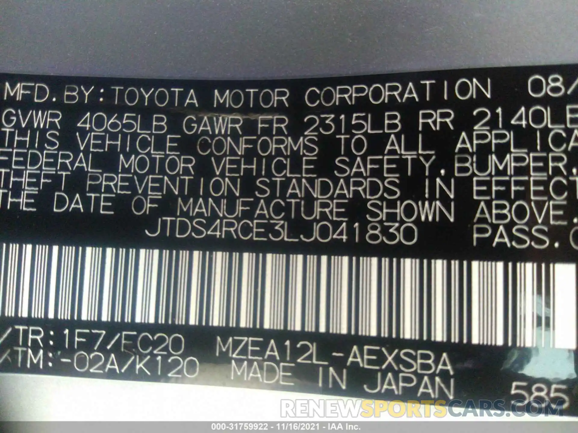 9 Фотография поврежденного автомобиля JTDS4RCE3LJ041830 TOYOTA COROLLA 2020