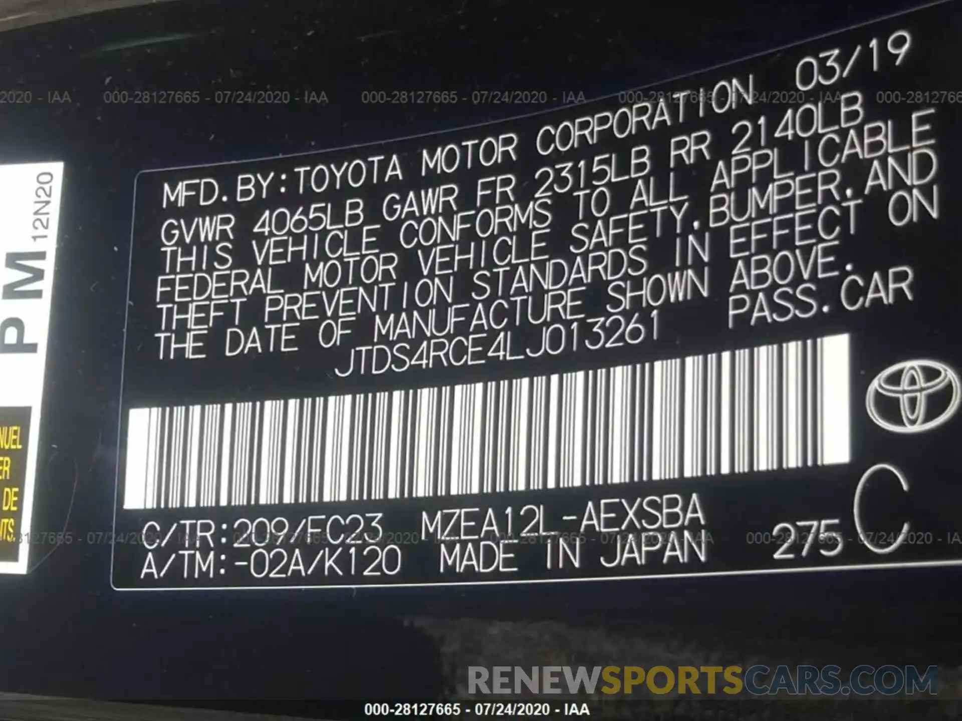 9 Фотография поврежденного автомобиля JTDS4RCE4LJ013261 TOYOTA COROLLA 2020