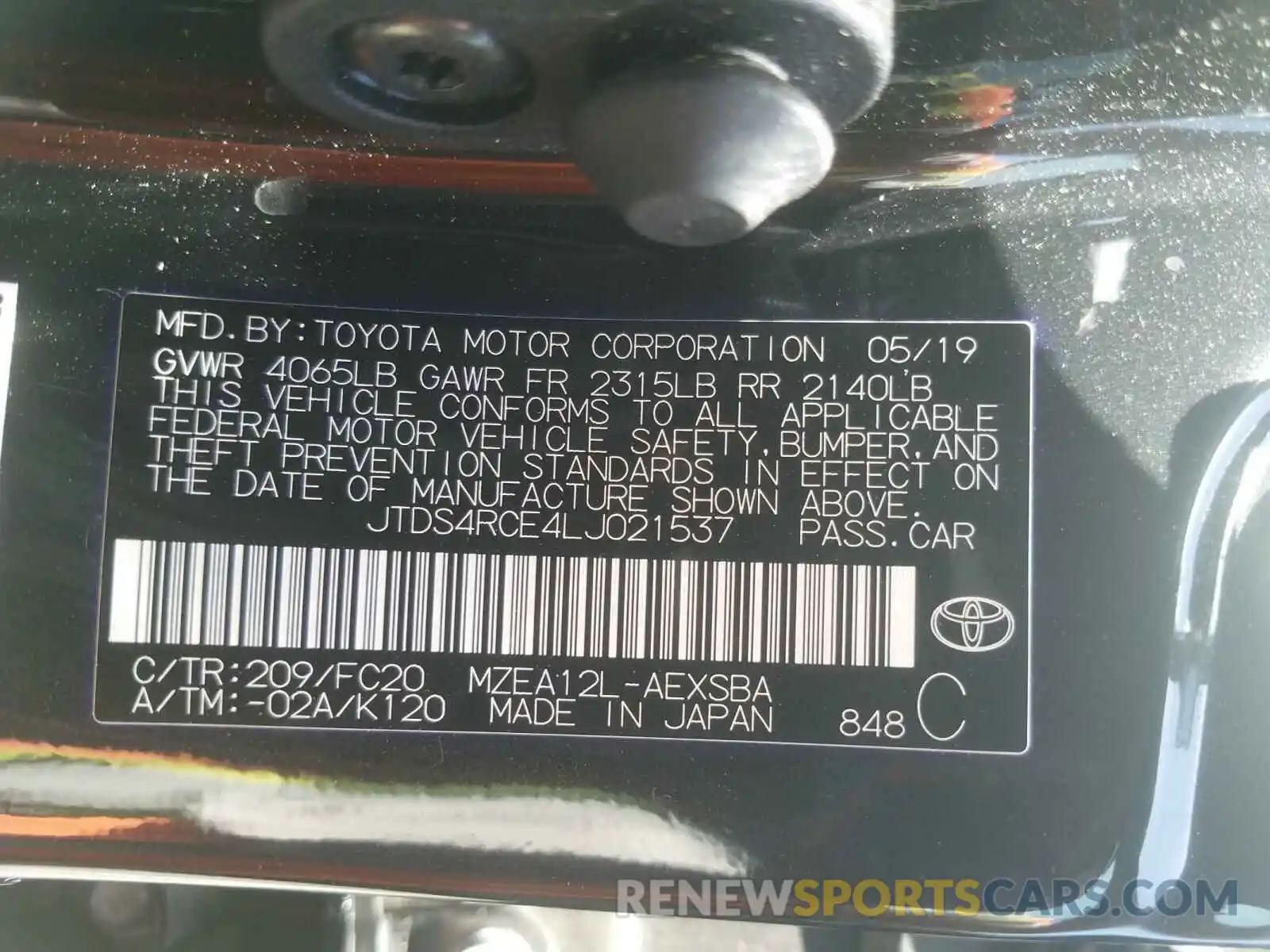 10 Фотография поврежденного автомобиля JTDS4RCE4LJ021537 TOYOTA COROLLA 2020