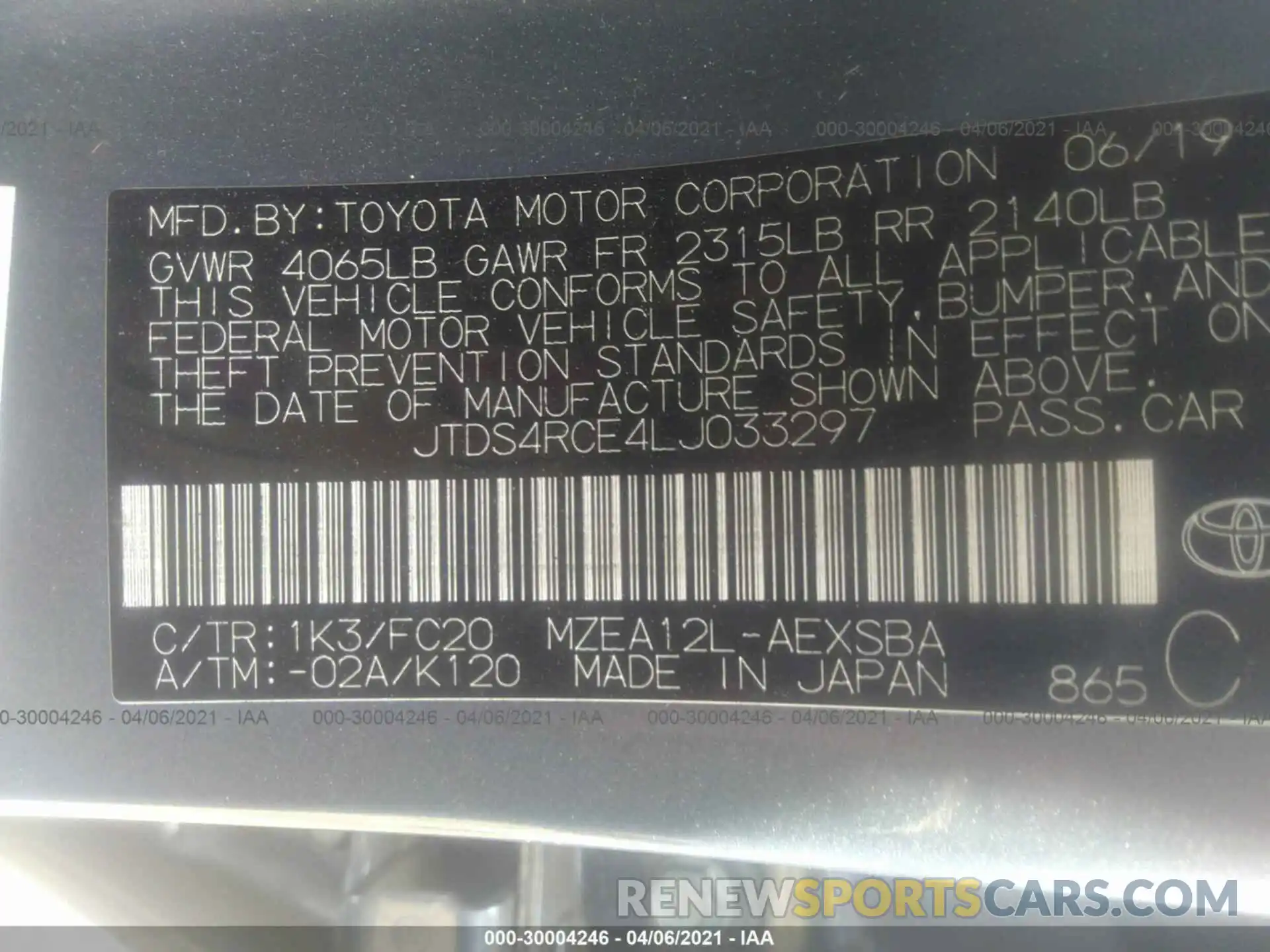 9 Фотография поврежденного автомобиля JTDS4RCE4LJ033297 TOYOTA COROLLA 2020