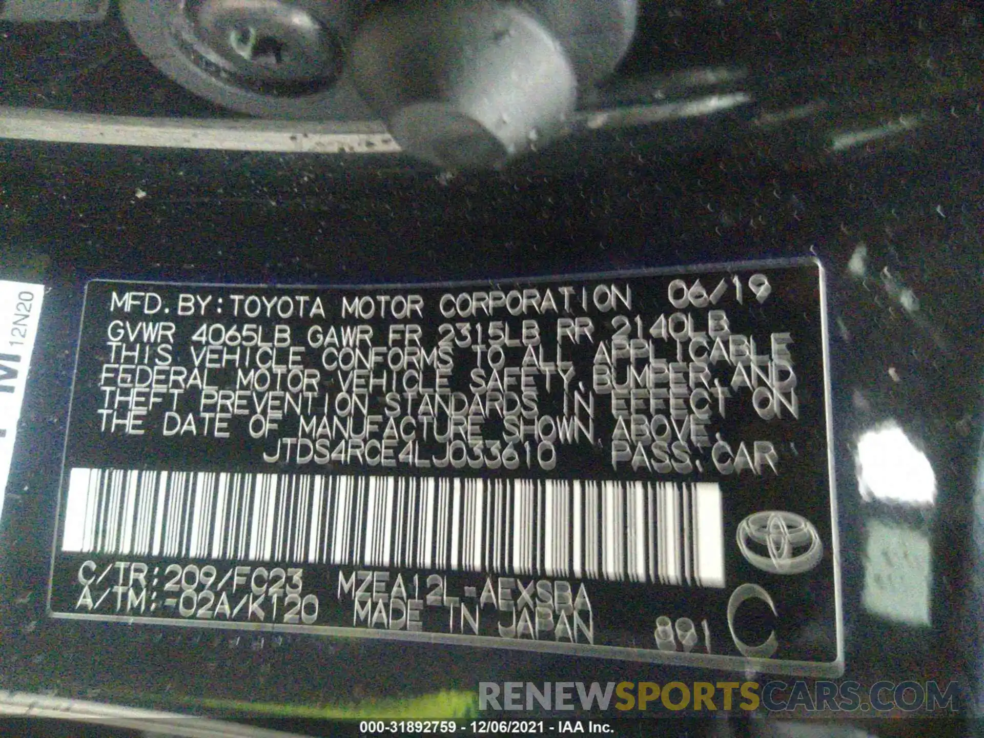 9 Фотография поврежденного автомобиля JTDS4RCE4LJ033610 TOYOTA COROLLA 2020